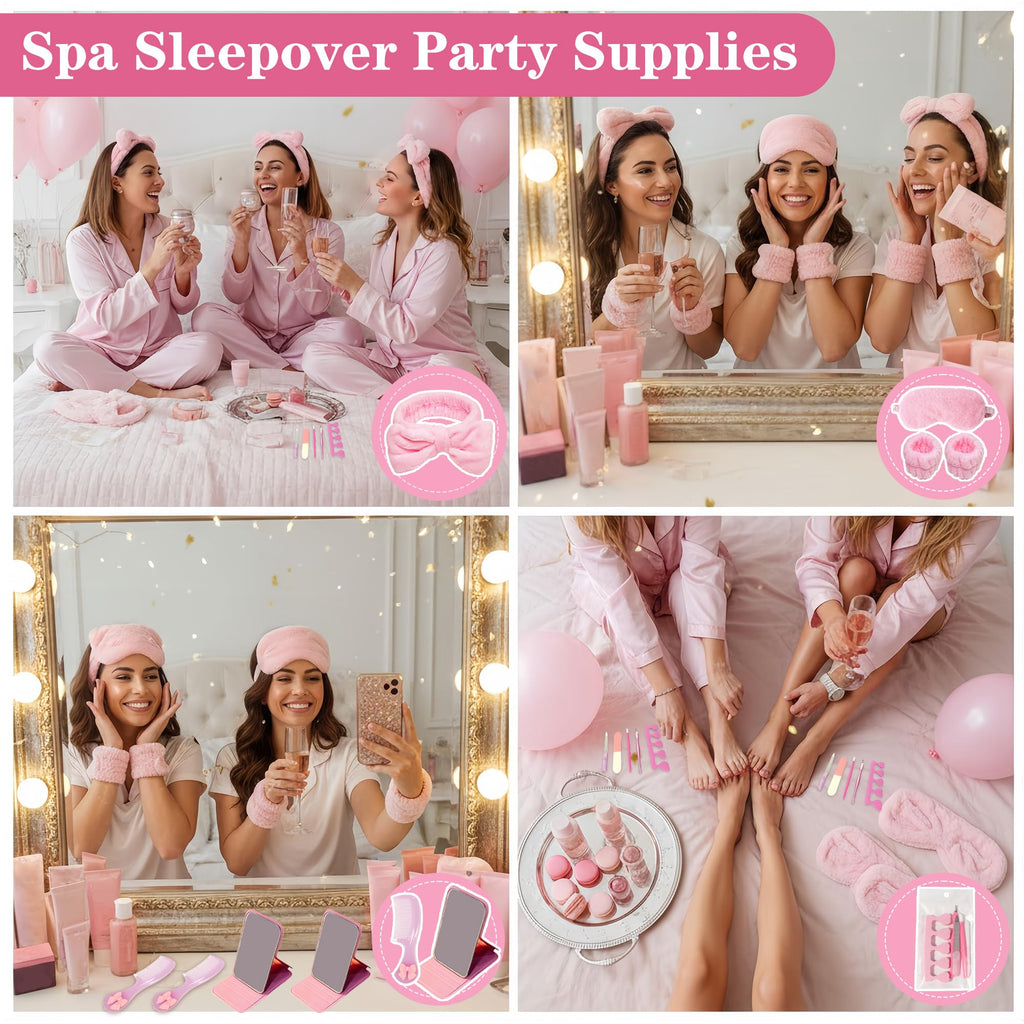 MXQHXZSX 92-Piece Pink Spa Sleepover Set for Girls – Skincare Headbands, Masks, Mirrors & More