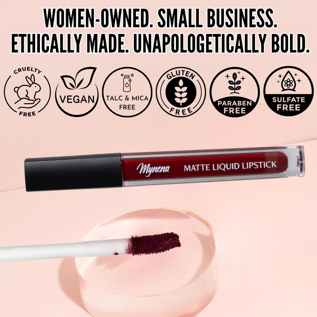 Mynena Burgundy Red Matte Liquid Lipstick – Long-Lasting, Smudge-Proof, Vegan