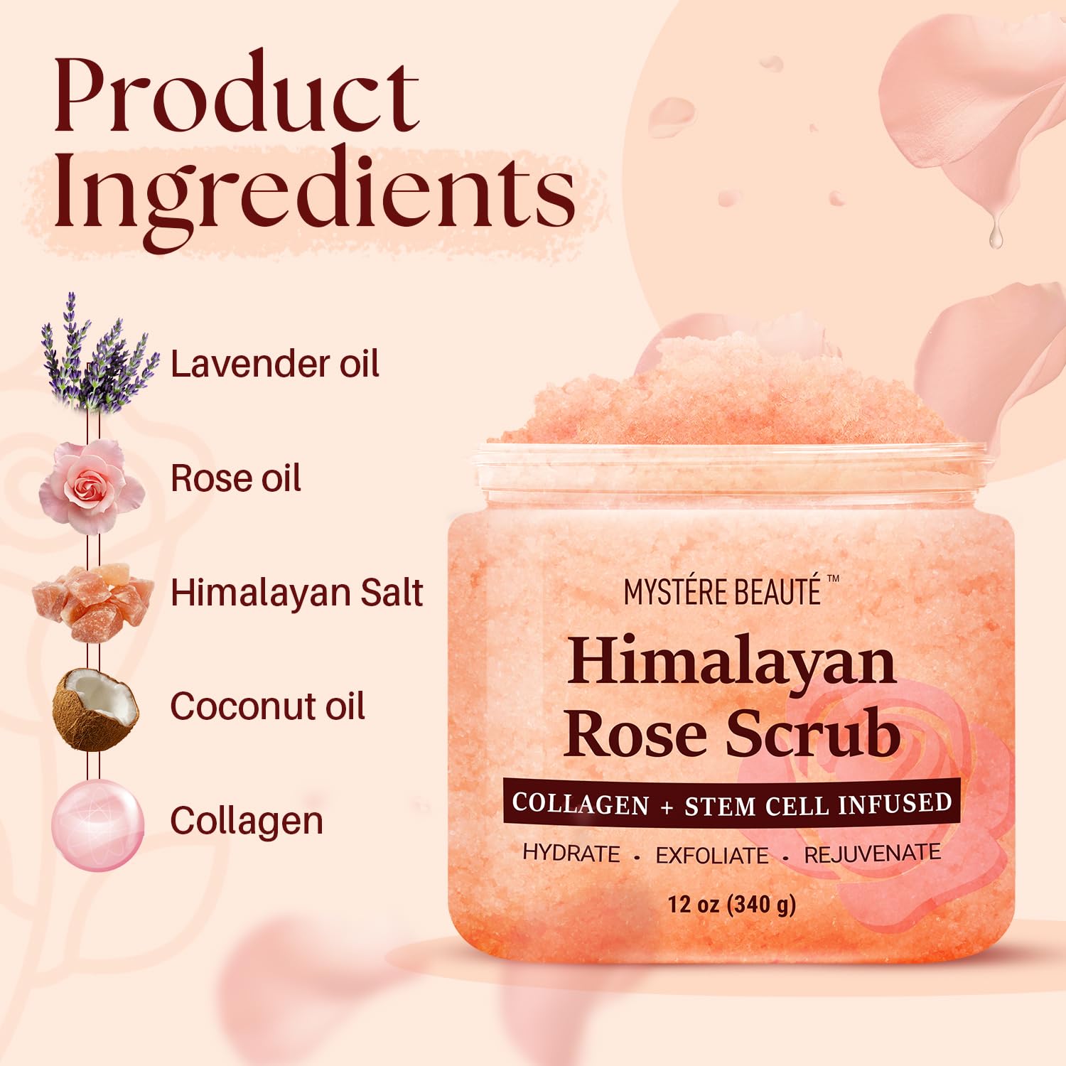 MYSTÉRE BEAUTÉ Himalayan Salt Body Scrub 12 oz – Collagen & Stem Cells Exfoliant