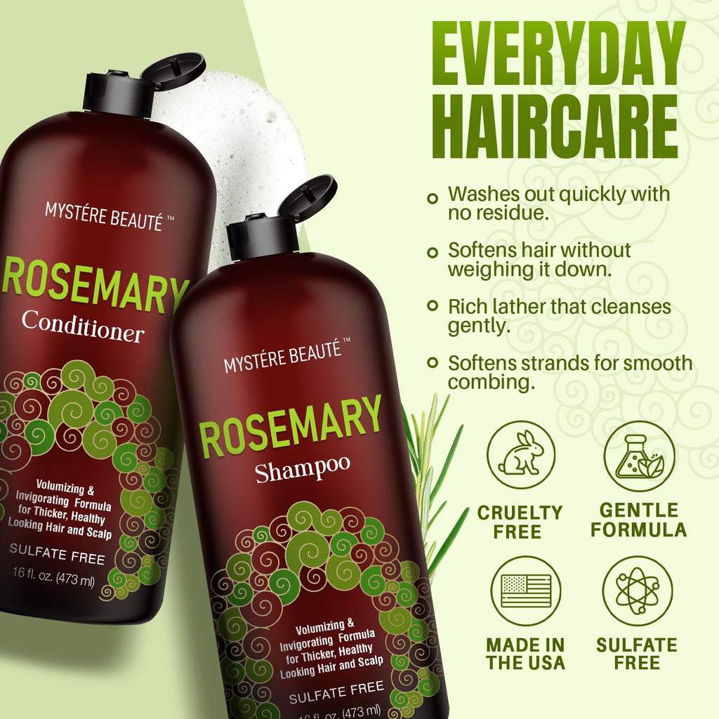 MYSTÉRE BEAUTÉ Rosemary Shampoo & Conditioner for Hair Growth – Sulfate Free, 16 oz