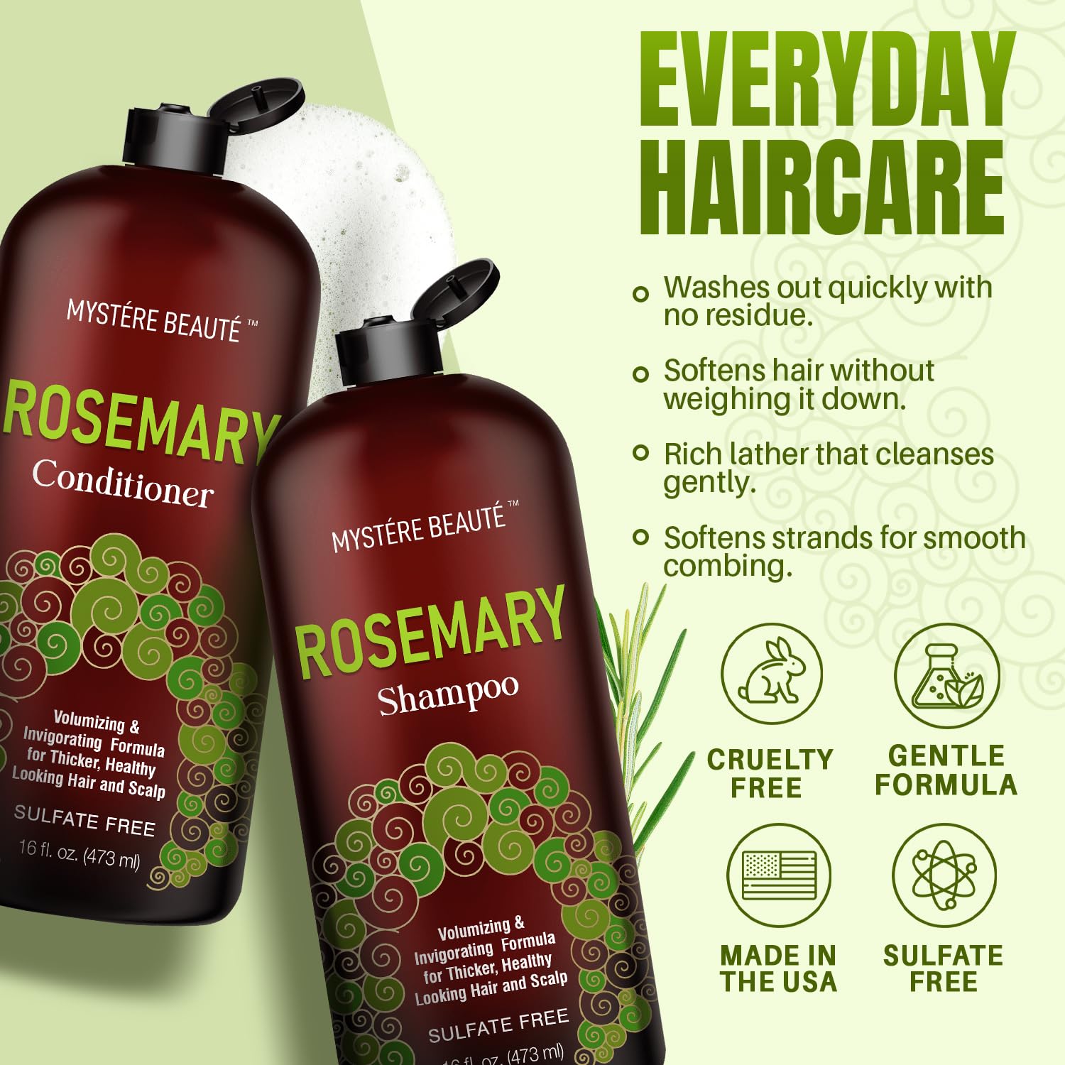 MYSTÉRE BEAUTÉ Rosemary Shampoo & Conditioner for Hair Growth – Sulfate Free, 16 oz
