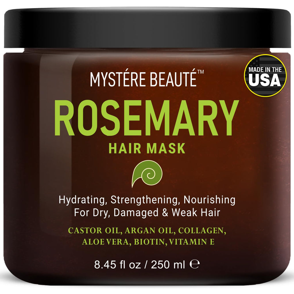 MYSTÉRE BEAUTÉ Rosemary Hair Treatment – Collagen, Biotin & Argan Oil Deep Conditioner for Dry, Damaged & Curly Hair (8.45 fl oz)