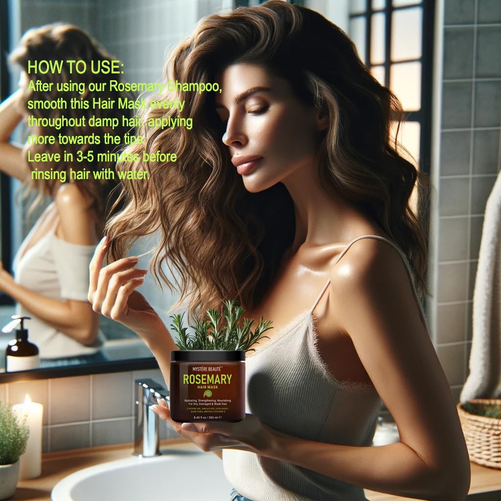 MYSTÉRE BEAUTÉ Rosemary Hair Treatment – Collagen, Biotin & Argan Oil Deep Conditioner for Dry, Damaged & Curly Hair (8.45 fl oz)