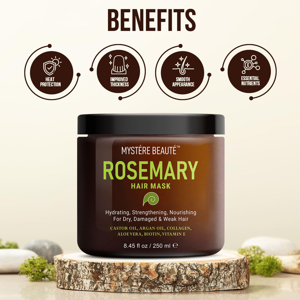 MYSTÉRE BEAUTÉ Rosemary Deep Conditioning Hair Mask – Argan Oil, Keratin, 2 x 8.5 fl oz