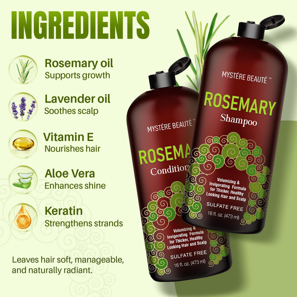 MYSTÉRE BEAUTÉ Rosemary Shampoo & Conditioner for Hair Growth – Sulfate Free, 16 oz