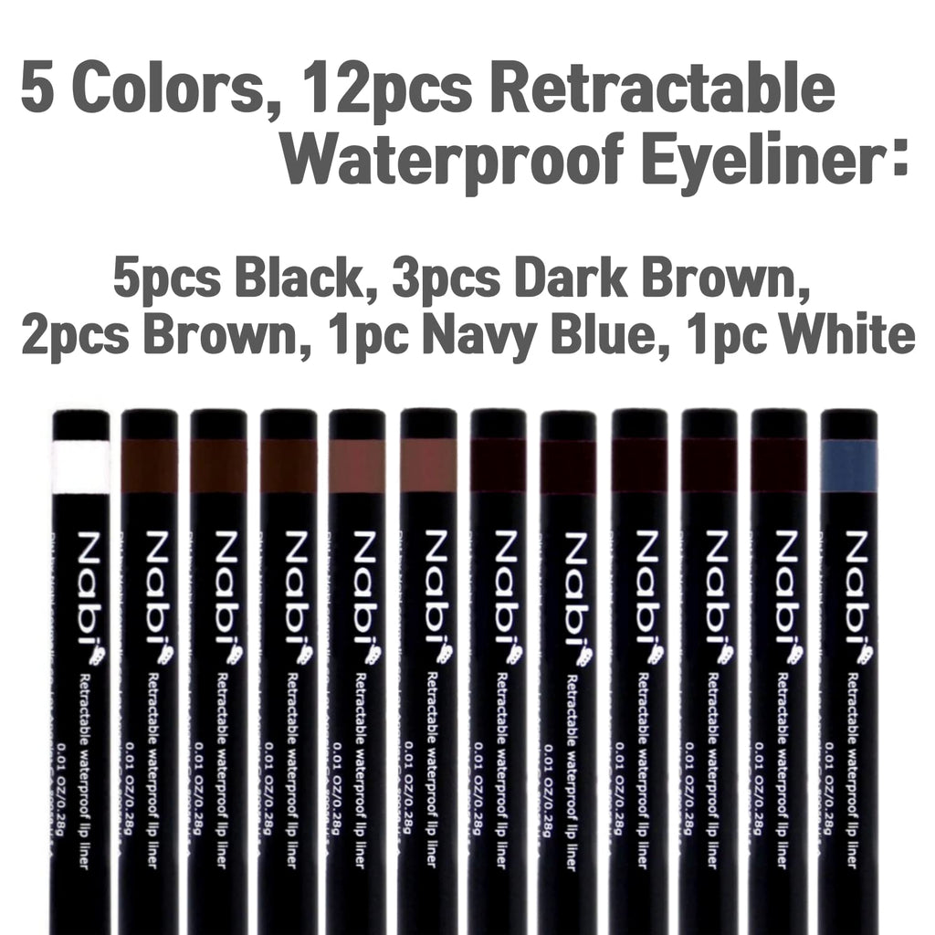 Nabi Retractable Waterproof Eye Liner — 12pc 5-Color Set | Roll It Up, Long-Lasting, Fade-Resistant