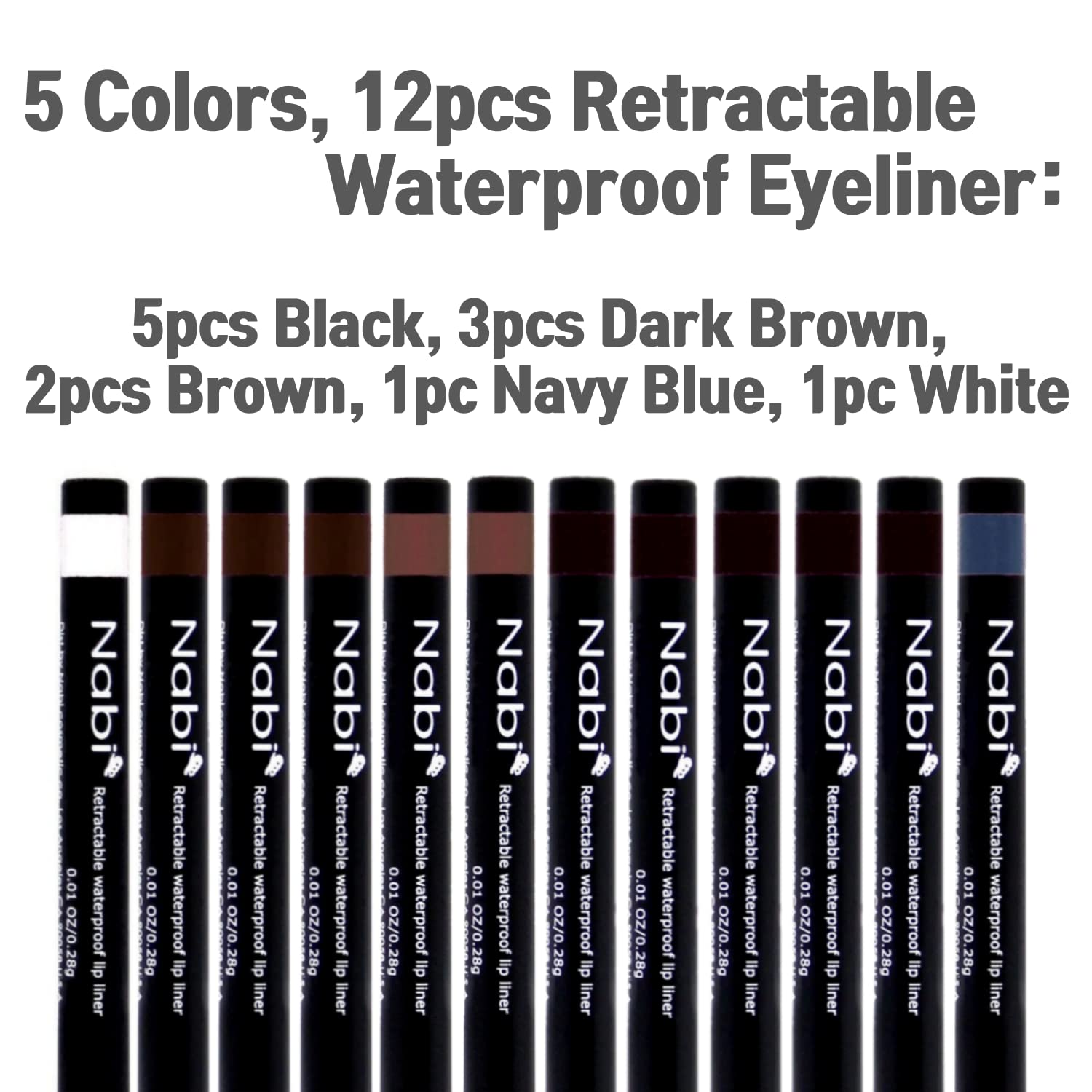 Nabi Retractable Waterproof Eye Liner — 12pc 5-Color Set | Roll It Up, Long-Lasting, Fade-Resistant