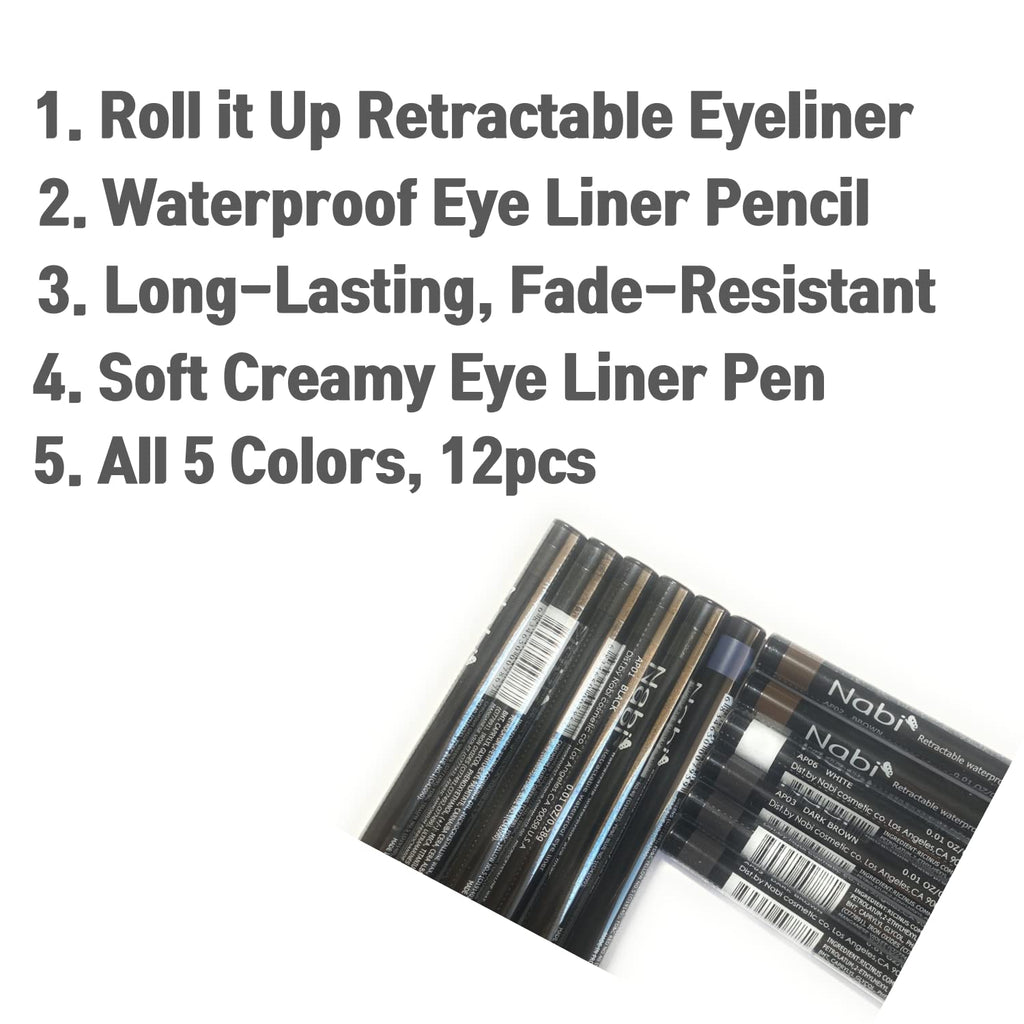 Nabi Retractable Waterproof Eye Liner — 12pc 5-Color Set | Roll It Up, Long-Lasting, Fade-Resistant