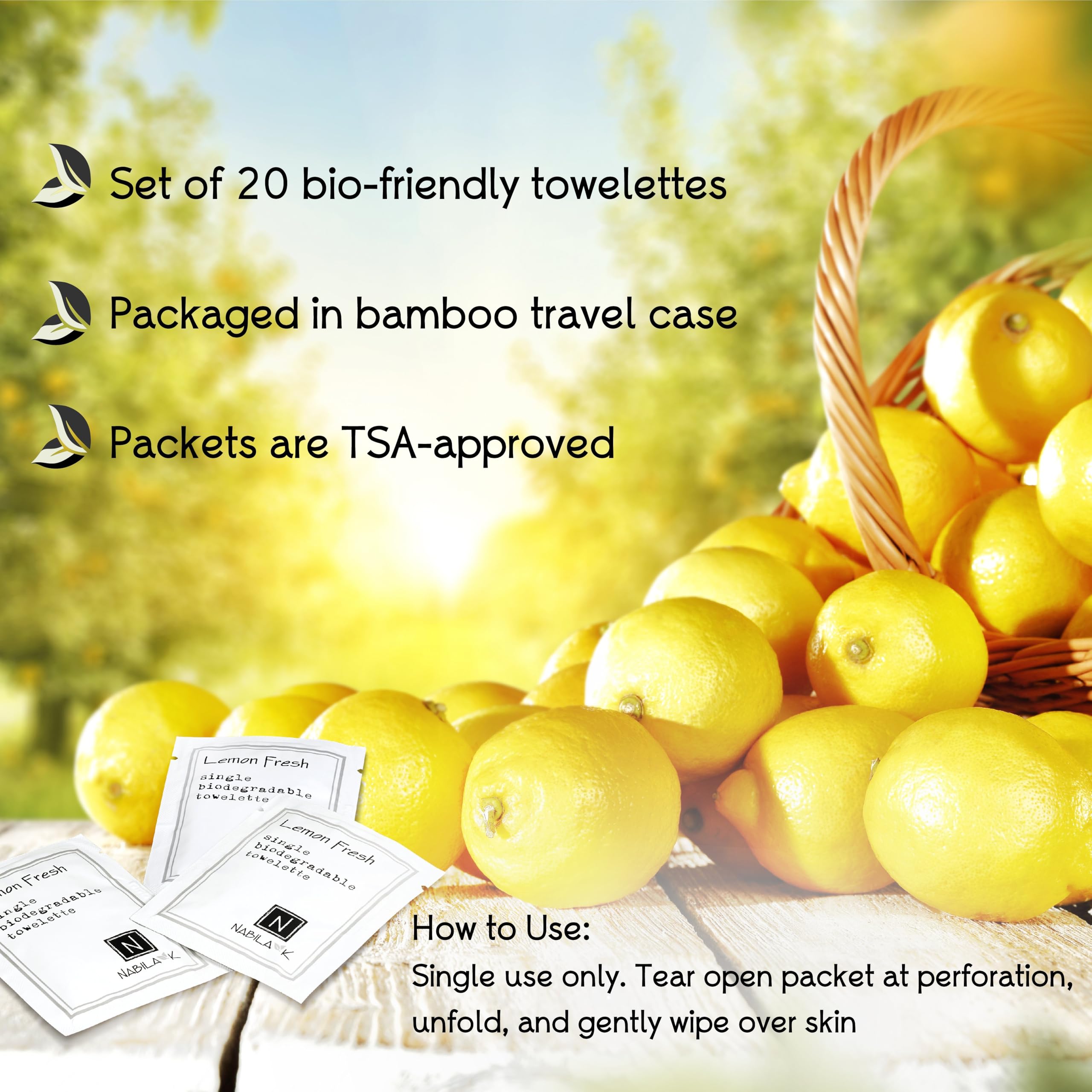 Nabila K Lemon Fresh Scented Towelettes – Alcohol-Free, Plant-Based Travel Wipes in Bamboo Case (20 Count)