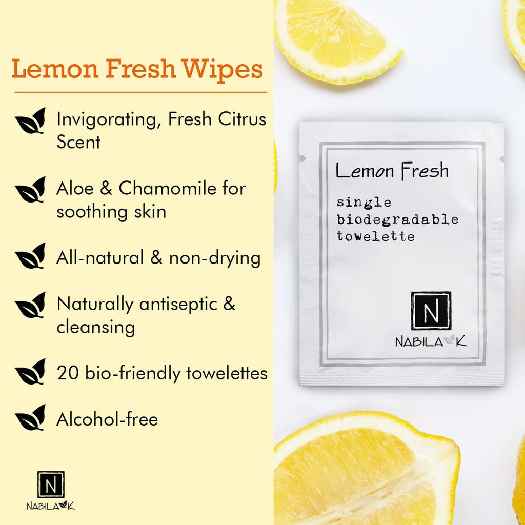 Nabila K Lemon Fresh Scented Towelettes – Alcohol-Free, Plant-Based Travel Wipes in Bamboo Case (20 Count)