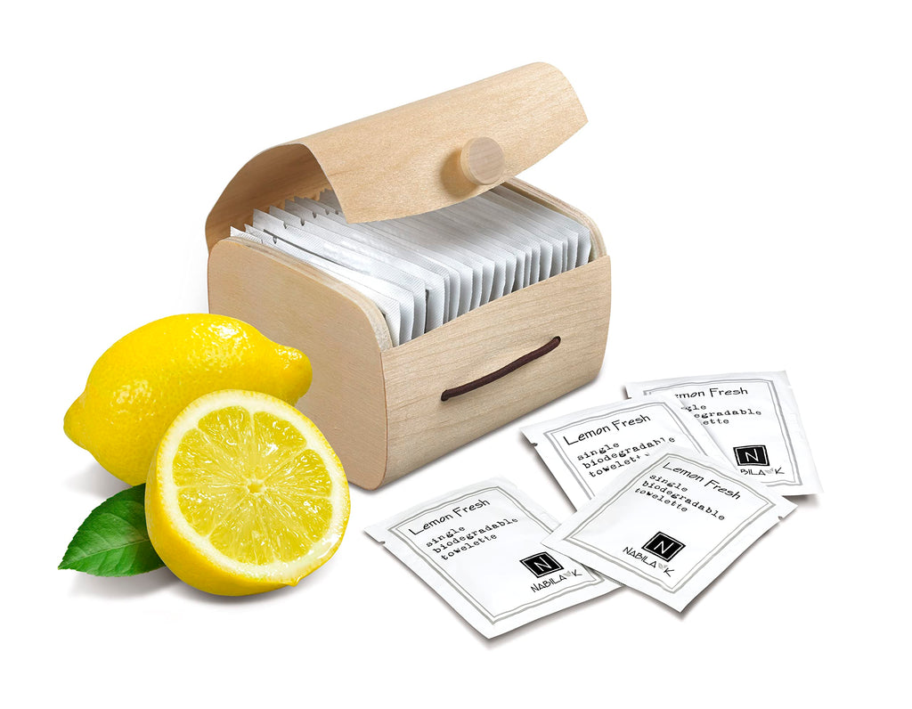 Nabila K Lemon Fresh Scented Towelettes – Alcohol-Free, Plant-Based Travel Wipes in Bamboo Case (20 Count)