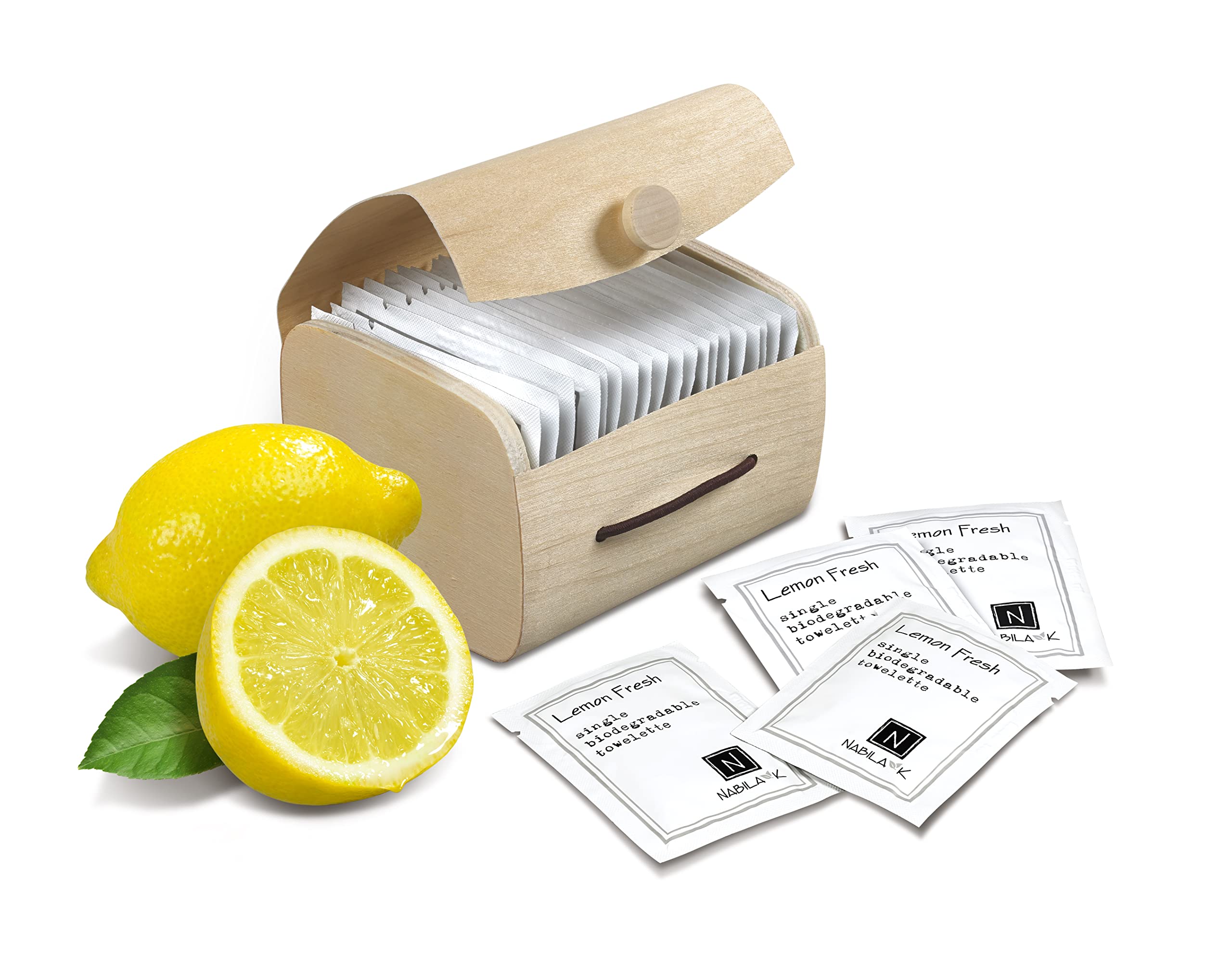 Nabila K Lemon Fresh Scented Towelettes – Alcohol-Free, Plant-Based Travel Wipes in Bamboo Case (20 Count)