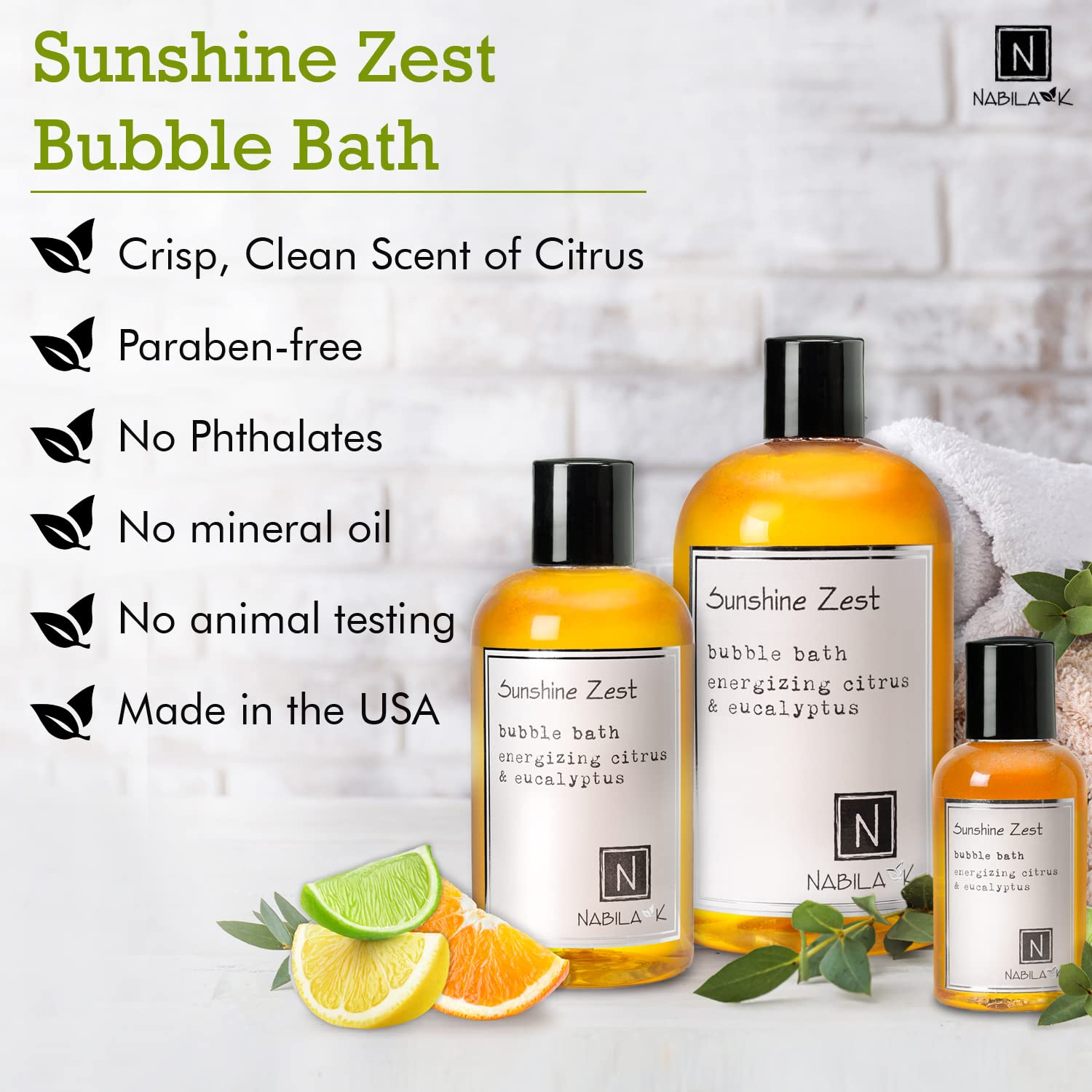 Nabila K Sunshine Zest Bubble Bath – Citrus & Eucalyptus, Tear-Free, Natural Ingredients, 8 oz