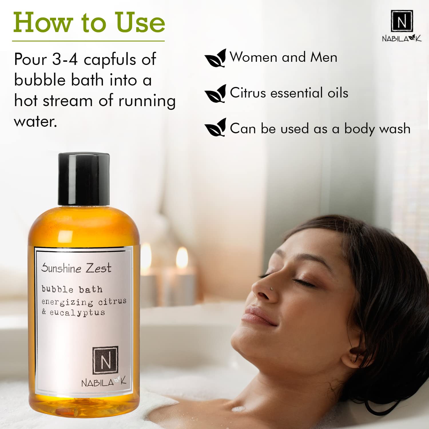 Nabila K Sunshine Zest Bubble Bath – Citrus & Eucalyptus, Tear-Free, Natural Ingredients, 8 oz
