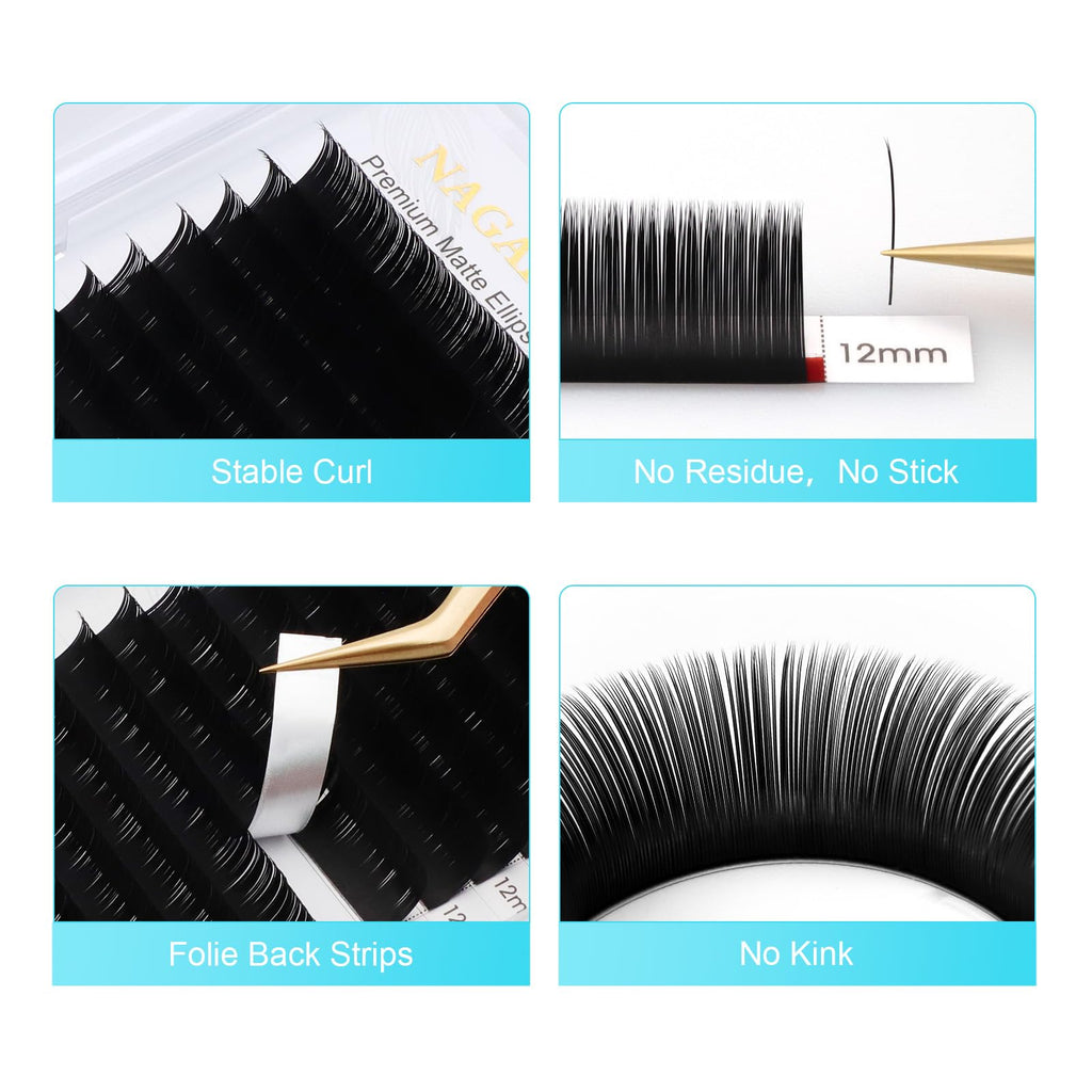 NAGARAKU Double Tips Ellipse Eyelash Extensions – 0.20mm Flat Lashes, D Curl, 14mm, Matte Black, 16 Rows