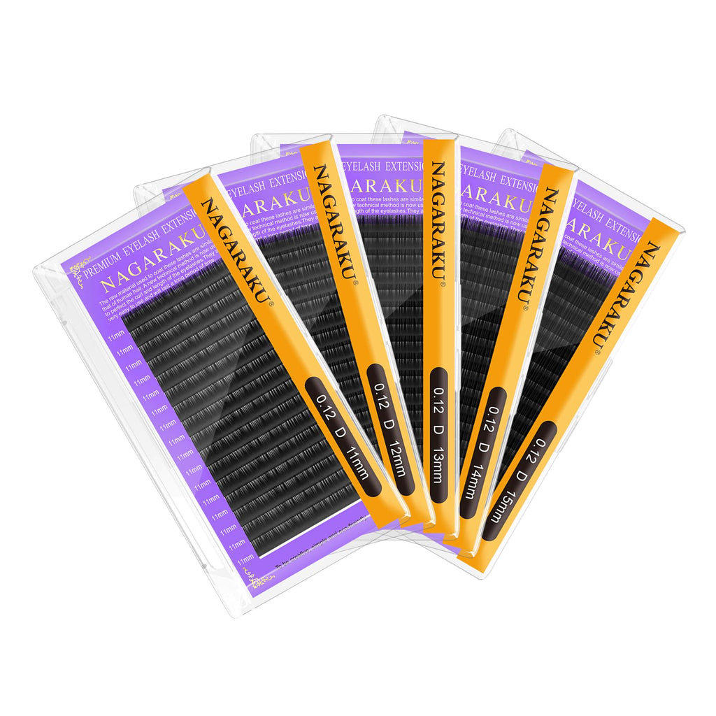 NAGARAKU 5 Trays Eyelash Extensions – 0.12mm D Curl, 11-15mm, Matte Black, 16 Rows (In 1 Pack)