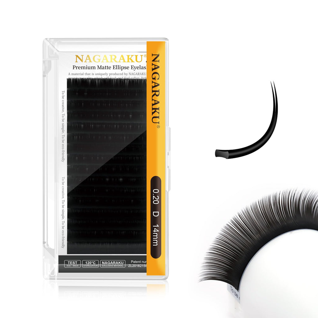 NAGARAKU Double Tips Ellipse Eyelash Extensions – 0.20mm Flat Lashes, D Curl, 14mm, Matte Black, 16 Rows