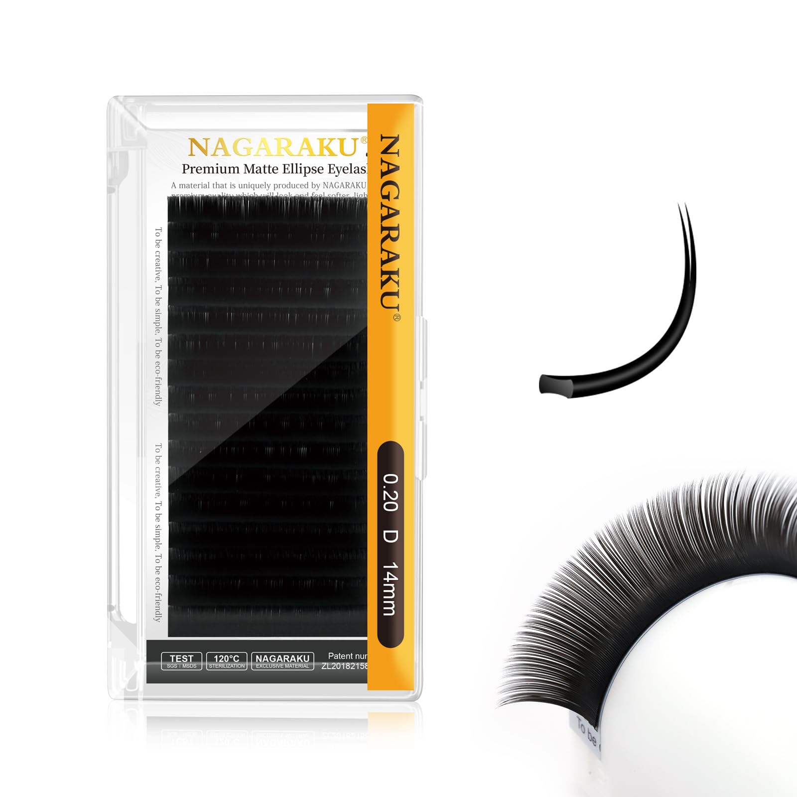 NAGARAKU Double Tips Ellipse Eyelash Extensions – 0.20mm Flat Lashes, D Curl, 14mm, Matte Black, 16 Rows