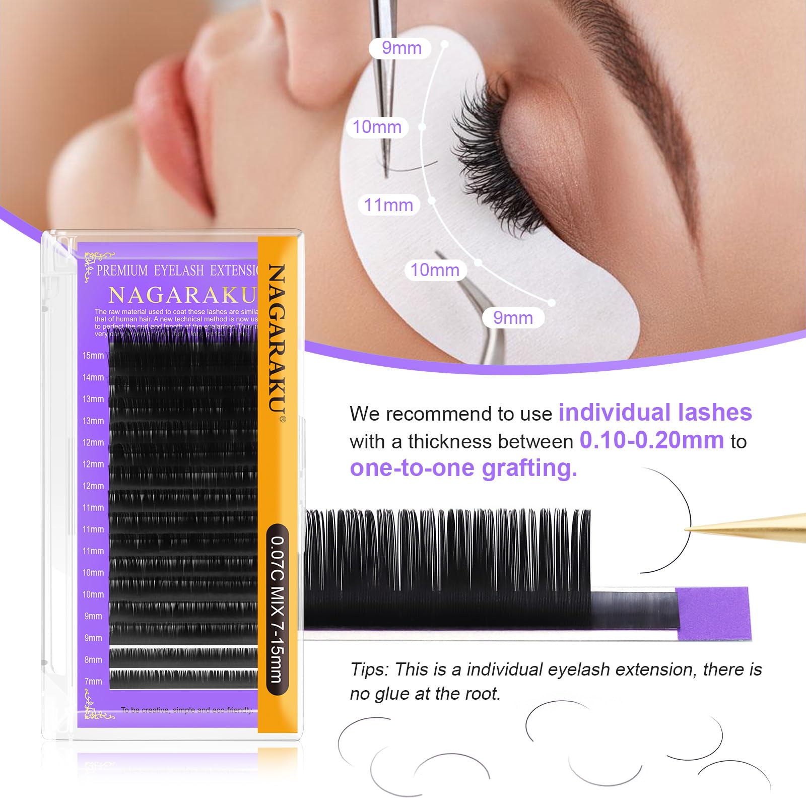 NAGARAKU 5 Trays Eyelash Extensions – 0.12mm D Curl, 11-15mm, Matte Black, 16 Rows (In 1 Pack)
