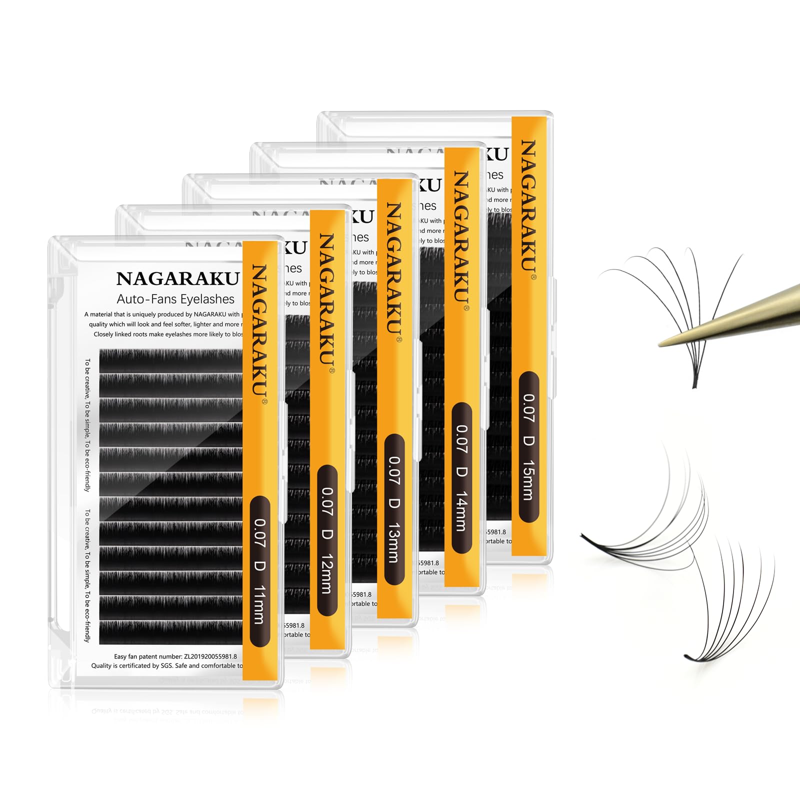 NAGARAKU Easy Fan Eyelash Extensions – 5 Trays, 0.07 D Curl, 11–15mm, Russian Mega Volume for Beginners