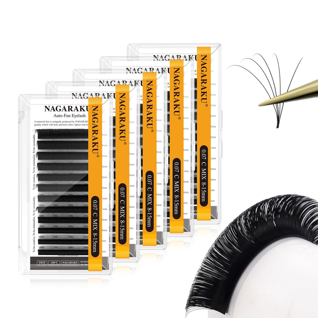 NAGARAKU Easy Fan Eyelash Extensions – 5 Trays in 1 Pack, 0.07 C Curl, 8-15mm Mix (Beginner Friendly)