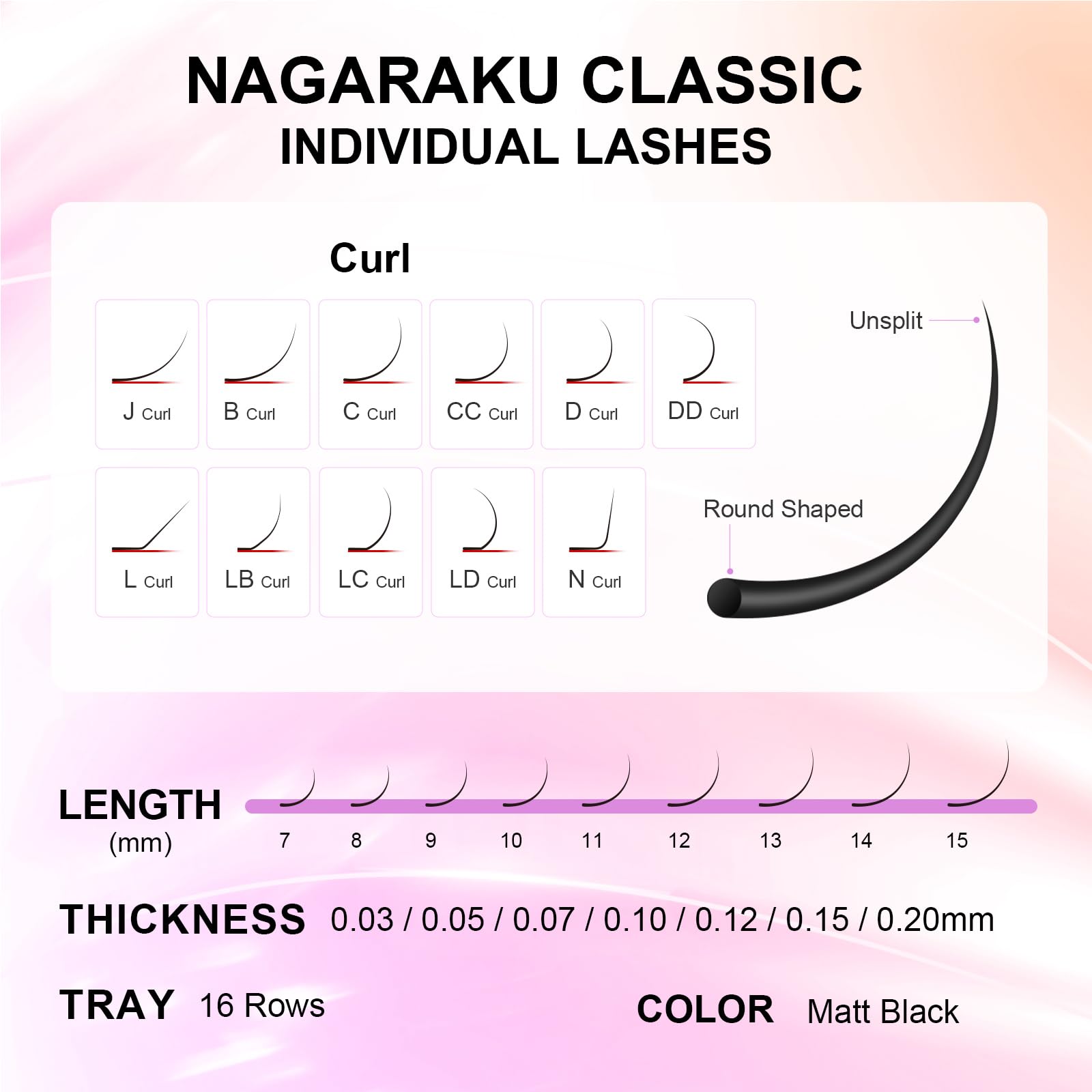 NAGARAKU Eyelash Extensions Classic J B C D N L LC LD LB Curl 0.03-0.20, 5-17mm - Matte Black