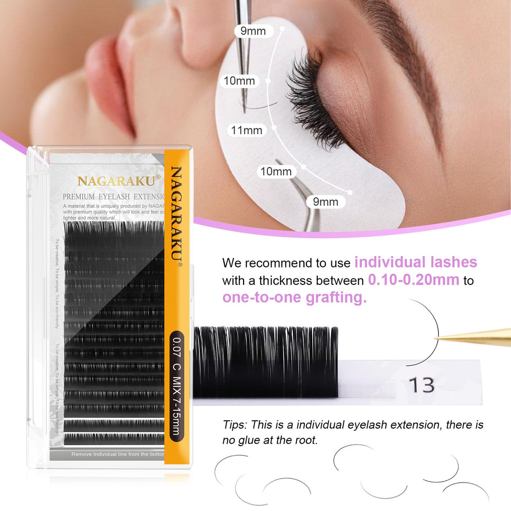 NAGARAKU Classic Eyelash Extensions – Matte Black, 0.03-0.20, 5-17mm (J/B/C/D/LC/LD)