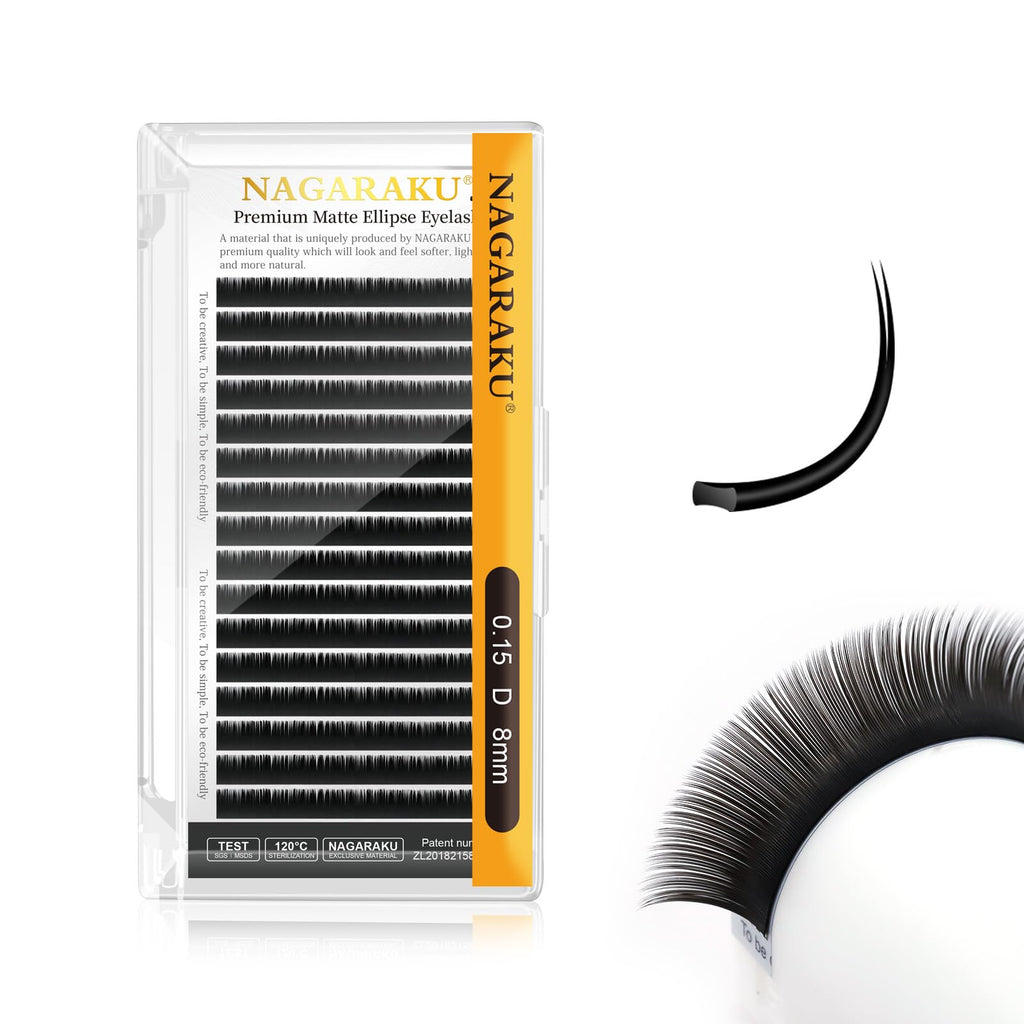 NAGARAKU Double Tips Ellipse Eyelash Extensions – Flat 0.15mm D Curl Matte Black 8mm, 16 Rows