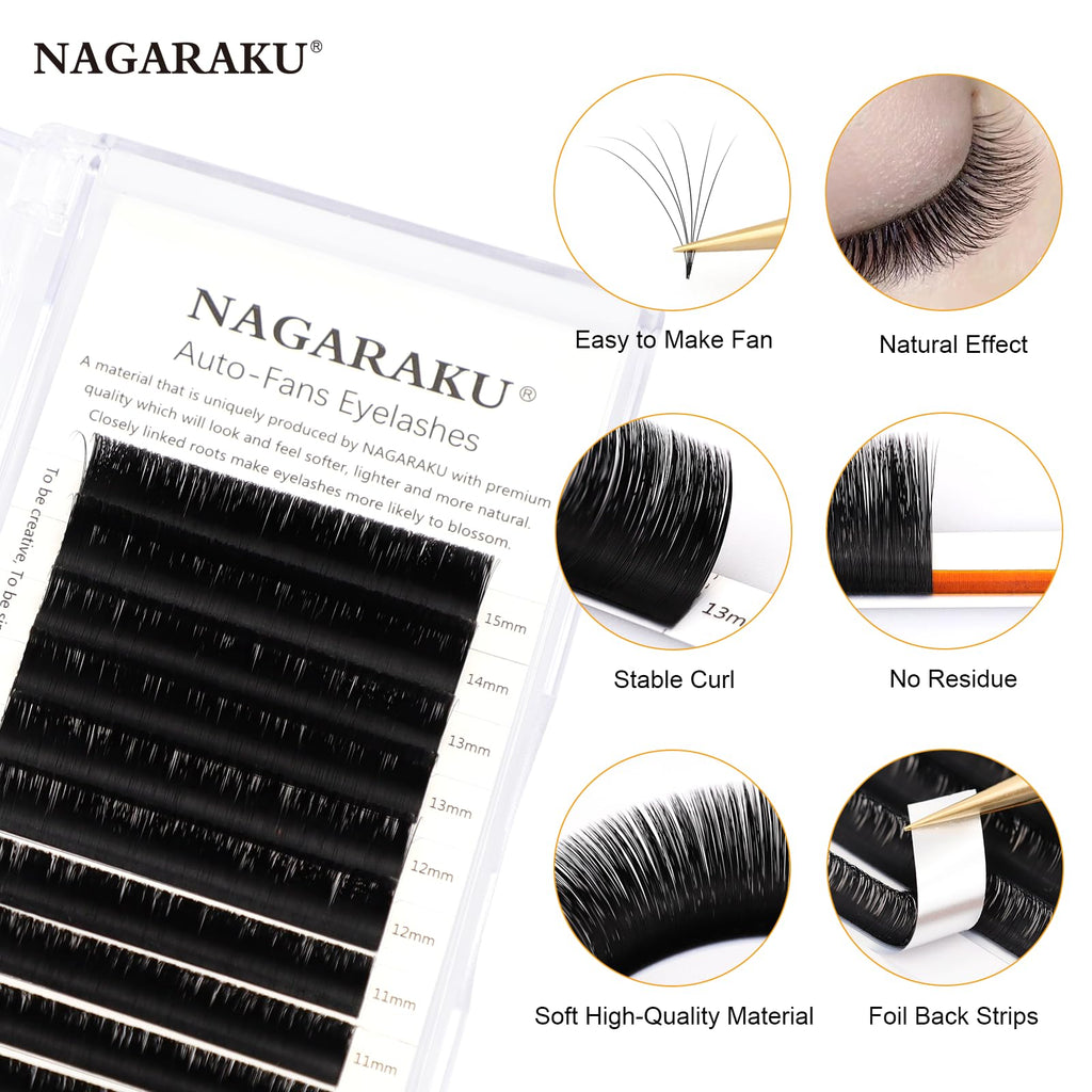 NAGARAKU Easy Fan Eyelash Extensions – 5 Trays, 0.07 D Curl, 11–15mm, Russian Mega Volume for Beginners