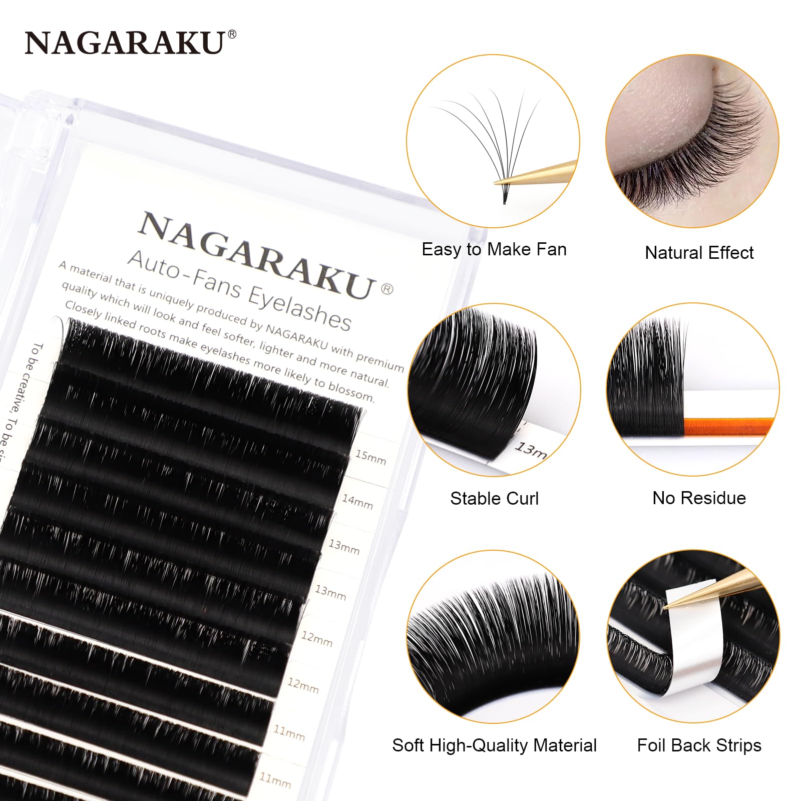 NAGARAKU Easy Fan Eyelash Extensions – 5 Trays, 0.07 D Curl, 11–15mm, Russian Mega Volume for Beginners