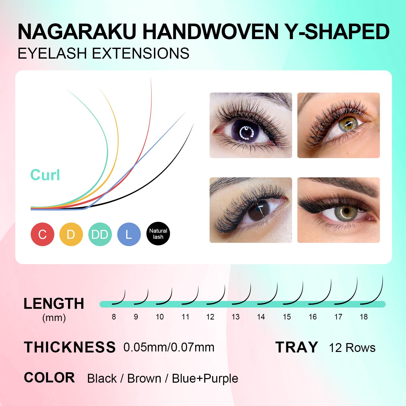 NAGARAKU YY Lash Y-Shape Premade 4D Fans – 0.05mm, 8–12mm, 5 Tray Pack (12 Rows Each)