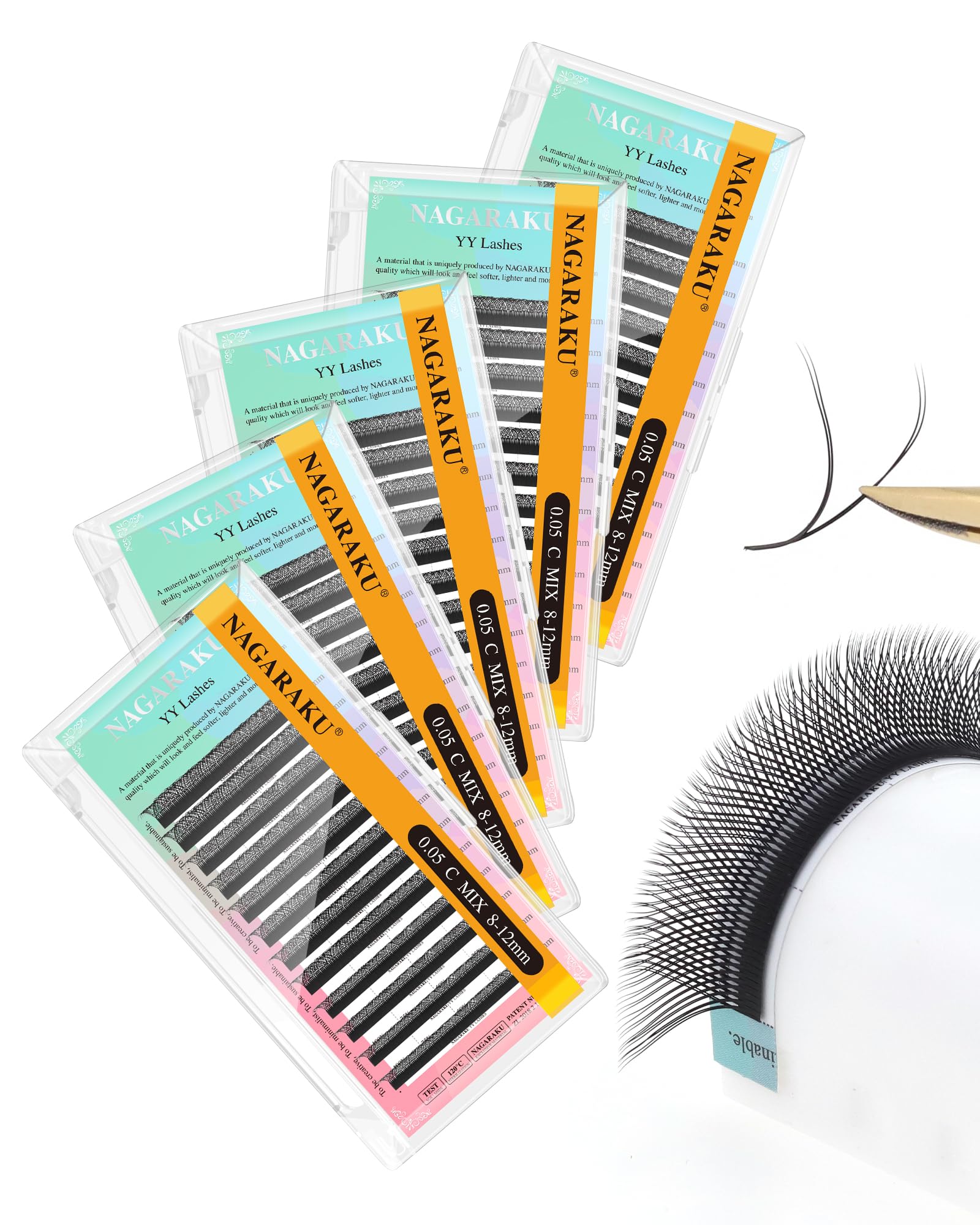 NAGARAKU YY Lash Y-Shape Premade 4D Fans – 0.05mm, 8–12mm, 5 Tray Pack (12 Rows Each)