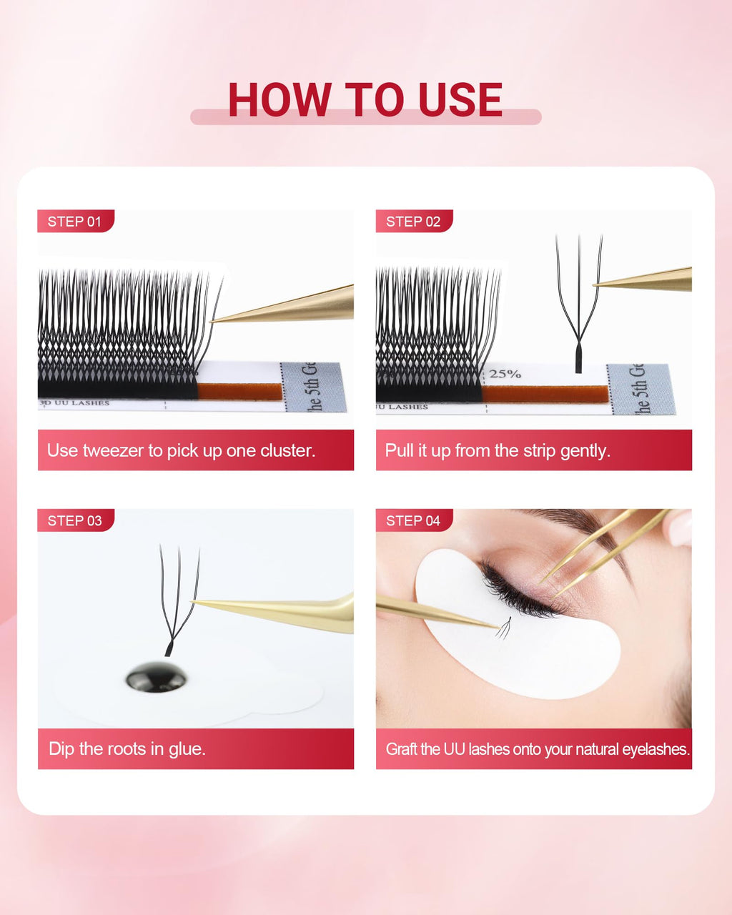 NAGARAKU U Eyelash Extensions 3D UU Lashes — Lightweight U-Shape Fans, 12-Row Tray, 0.07C, 11mm