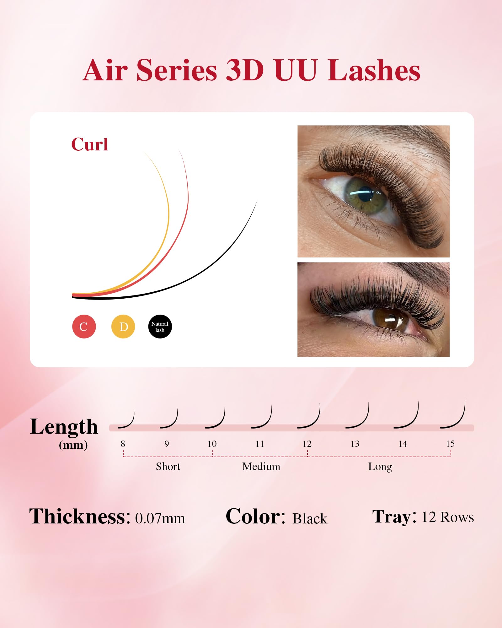 NAGARAKU U Eyelash Extensions 3D UU Lashes — Lightweight U-Shape Fans, 12-Row Tray, 0.07C, 11mm