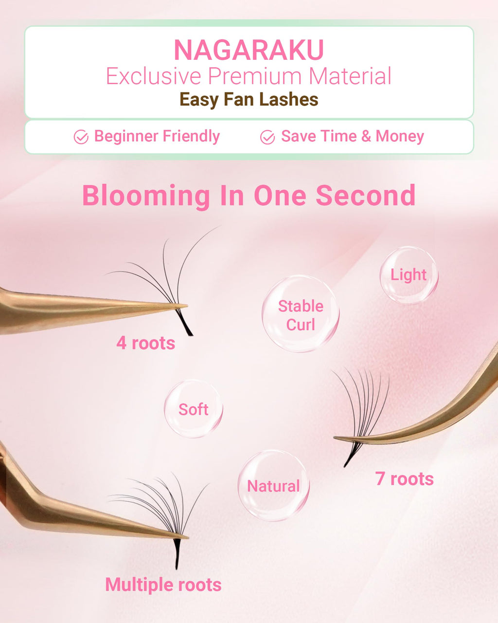 NAGARAKU Easy Fan Eyelash Extensions – 5-Tray Premade Lashes for Beginners (0.05 C Curl, 8–15mm Mix)