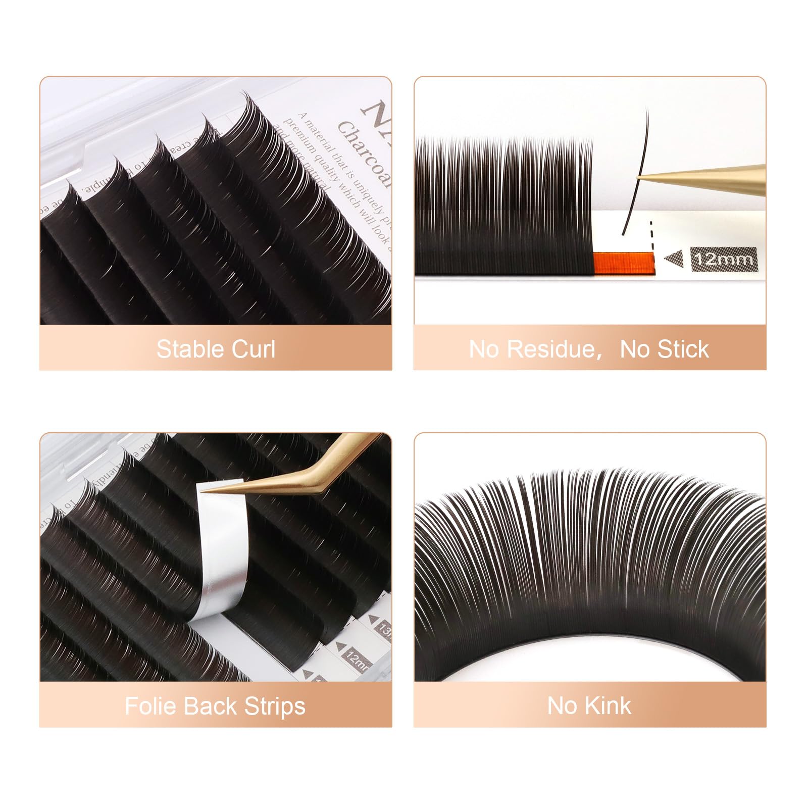 NAGARAKU Double Tips Flat Ellipse Eyelash Extensions – 0.20 LD Curl, 8-15mm Mix, Charcoal Color Faux Mink