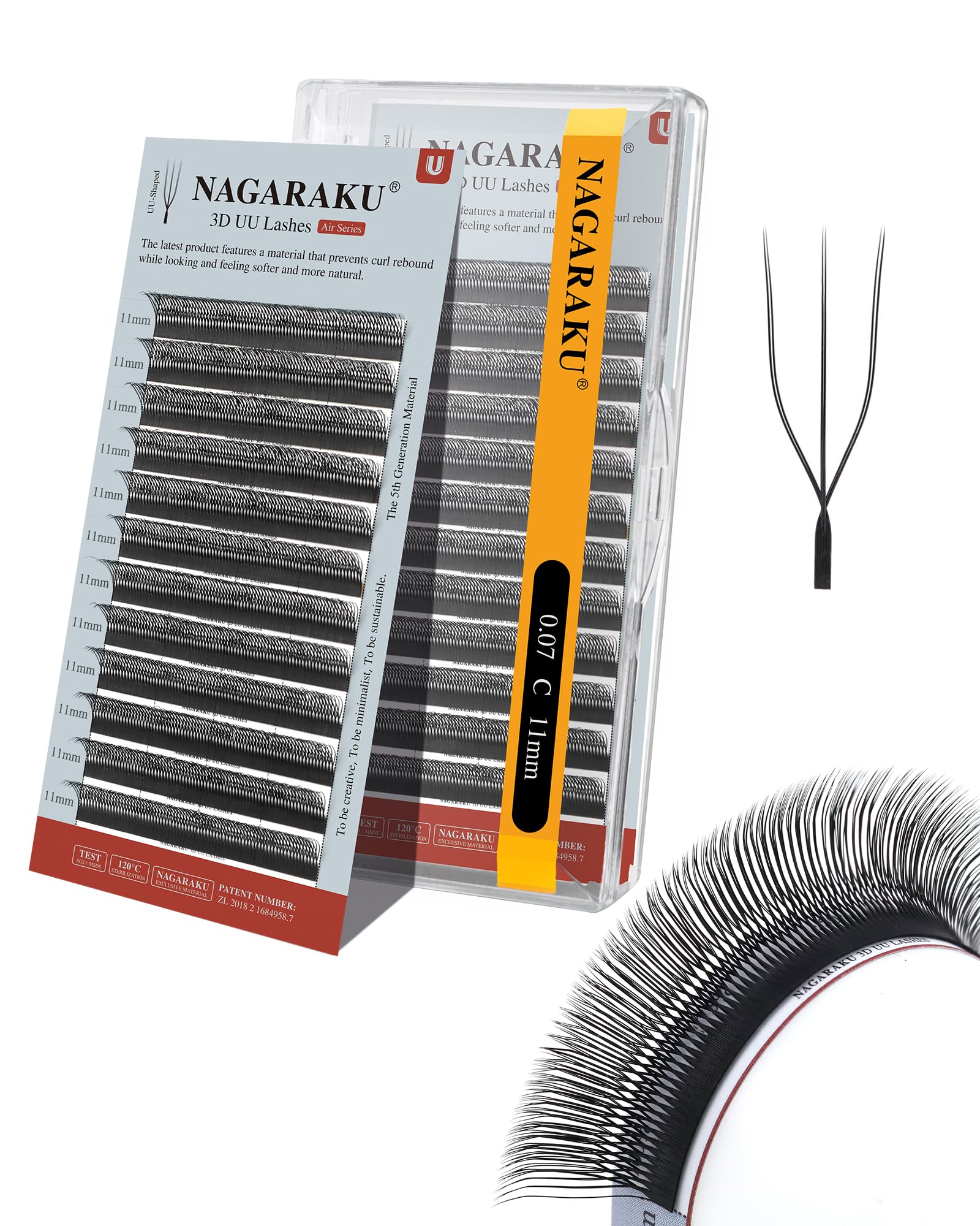 NAGARAKU U Eyelash Extensions 3D UU Lashes — Lightweight U-Shape Fans, 12-Row Tray, 0.07C, 11mm