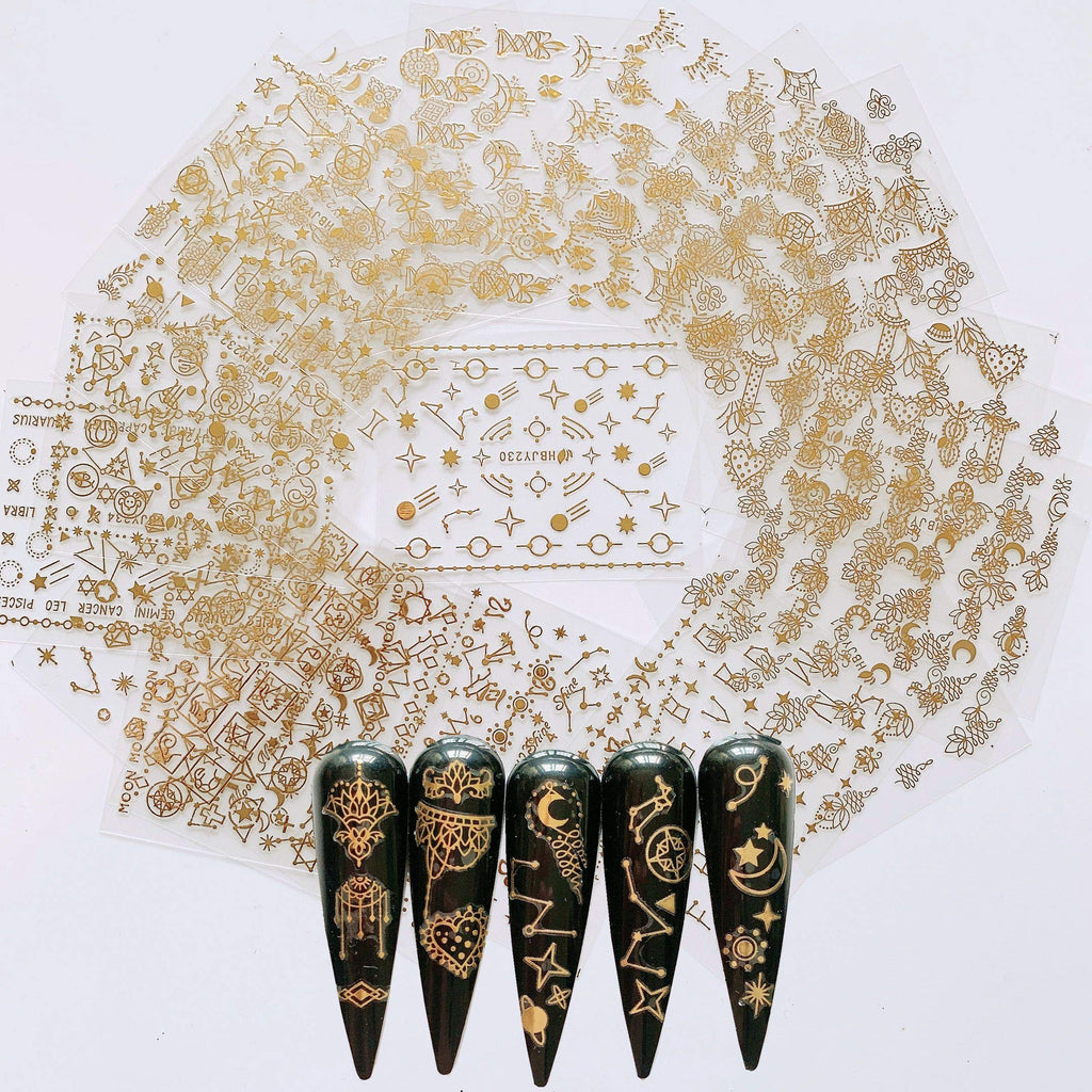 NAIL ANGEL 24 Sheets Gold Nail Art Sticker Sheets – Moon, Star & Flower Designs (10057)