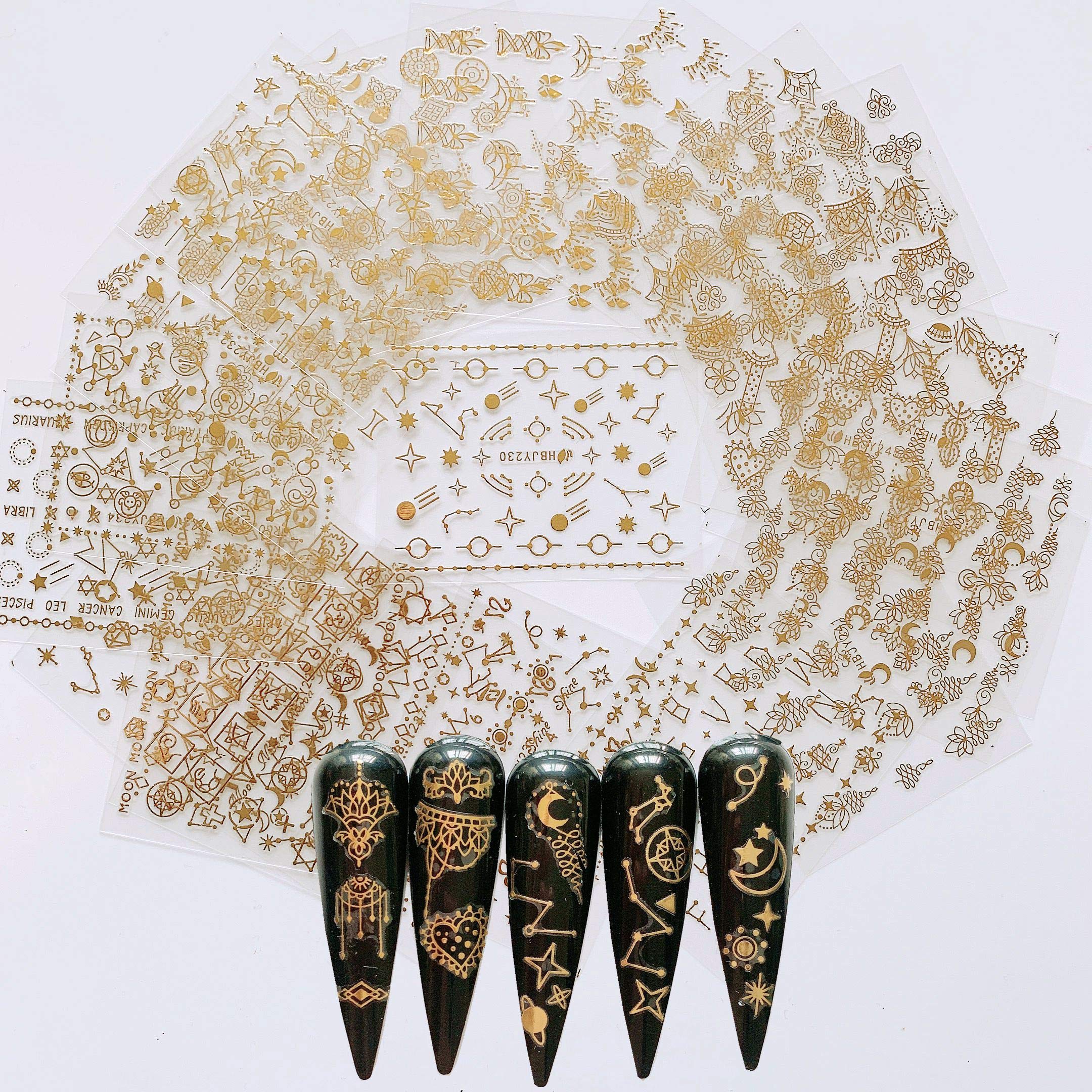 NAIL ANGEL 24 Sheets Gold Nail Art Sticker Sheets – Moon, Star & Flower Designs (10057)