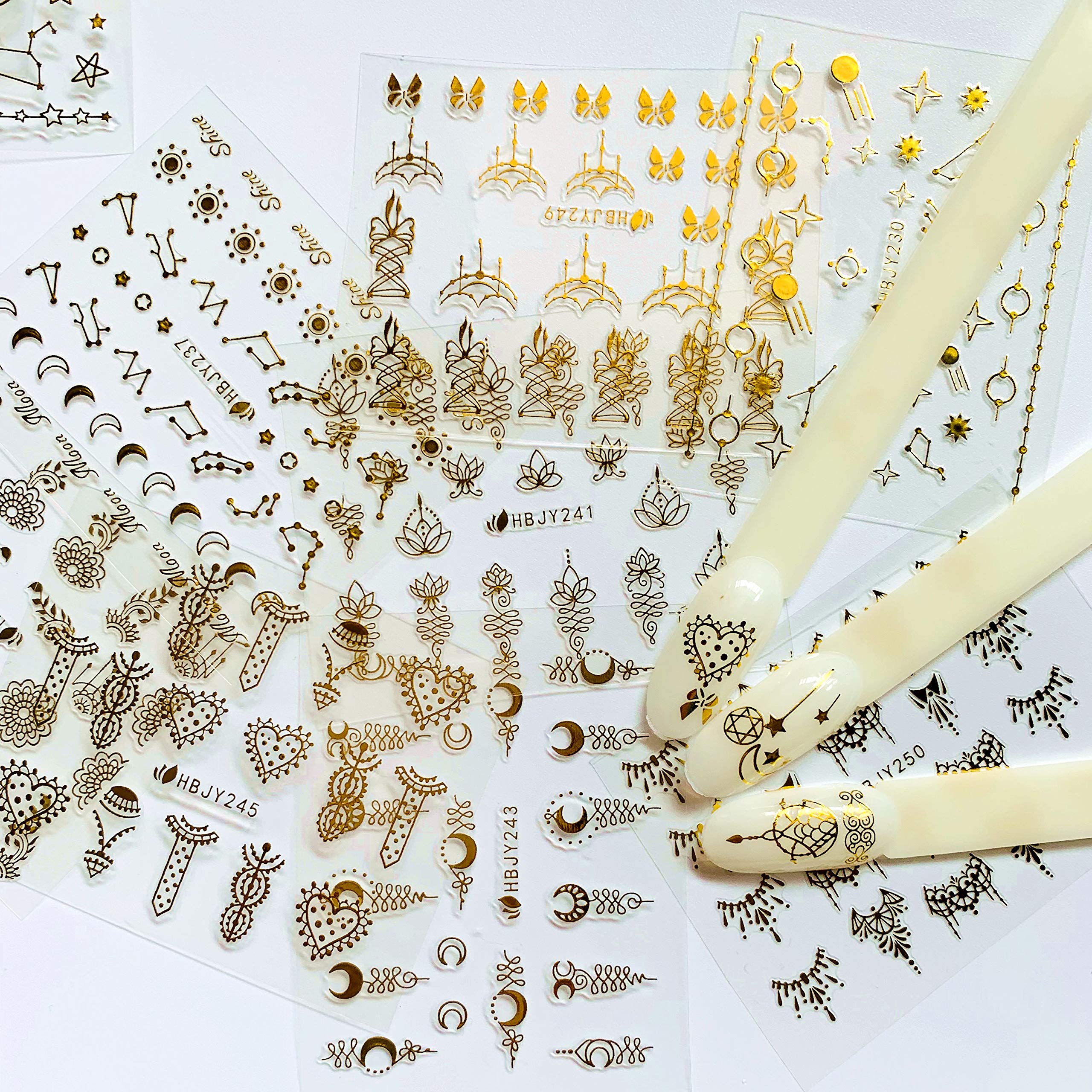 NAIL ANGEL 24 Sheets Gold Nail Art Sticker Sheets – Moon, Star & Flower Designs (10057)