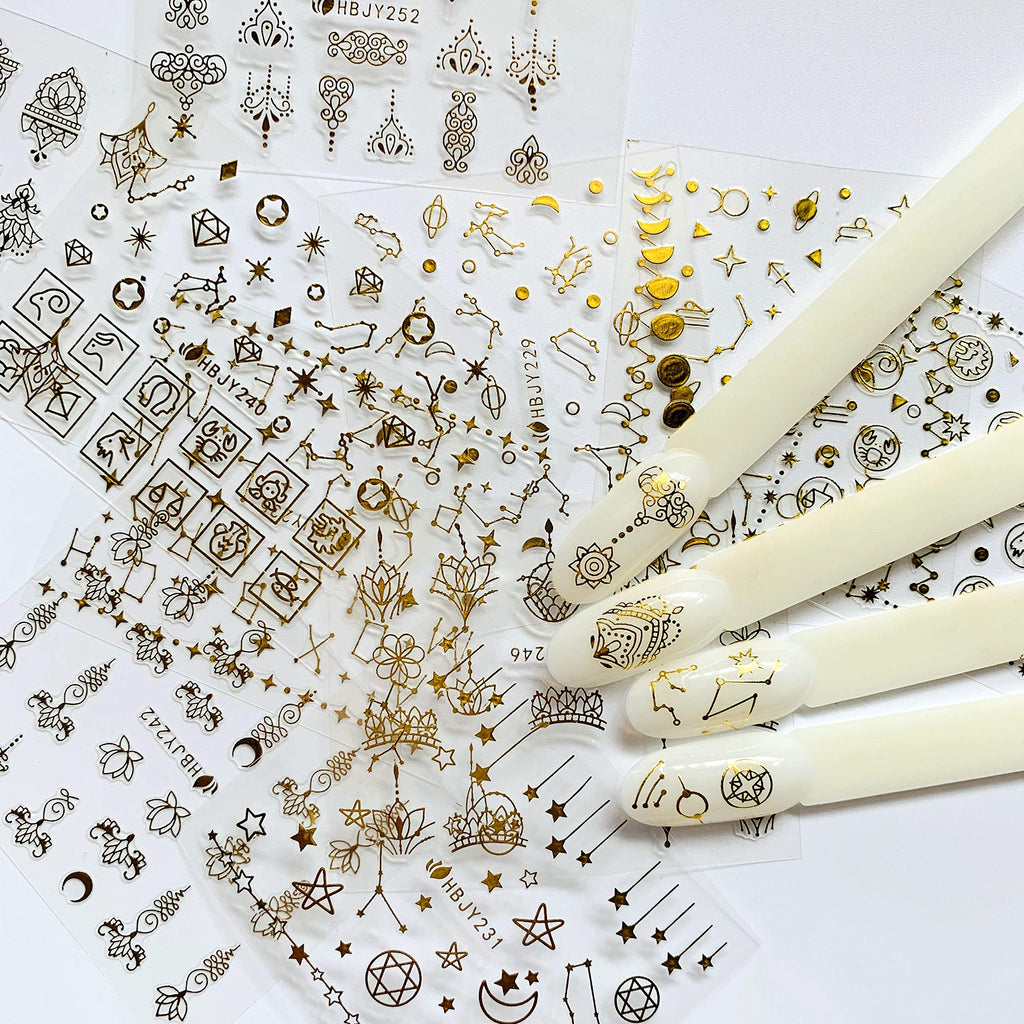NAIL ANGEL 24 Sheets Gold Nail Art Sticker Sheets – Moon, Star & Flower Designs (10057)