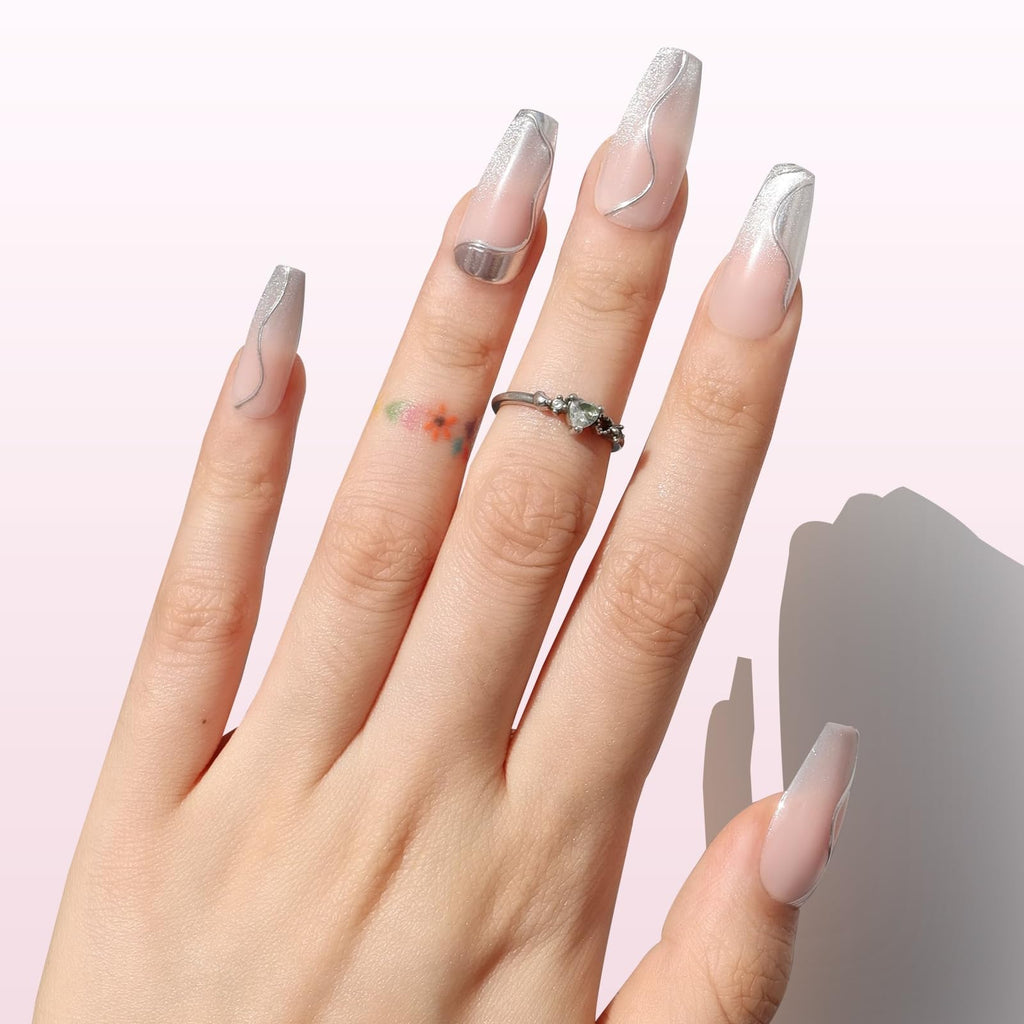Nail Reformation Press-On Nails Coffin – Glitter Silver Accents, Pink Long Tips, UV Finish, 30 Tips in 15 Sizes + Glue