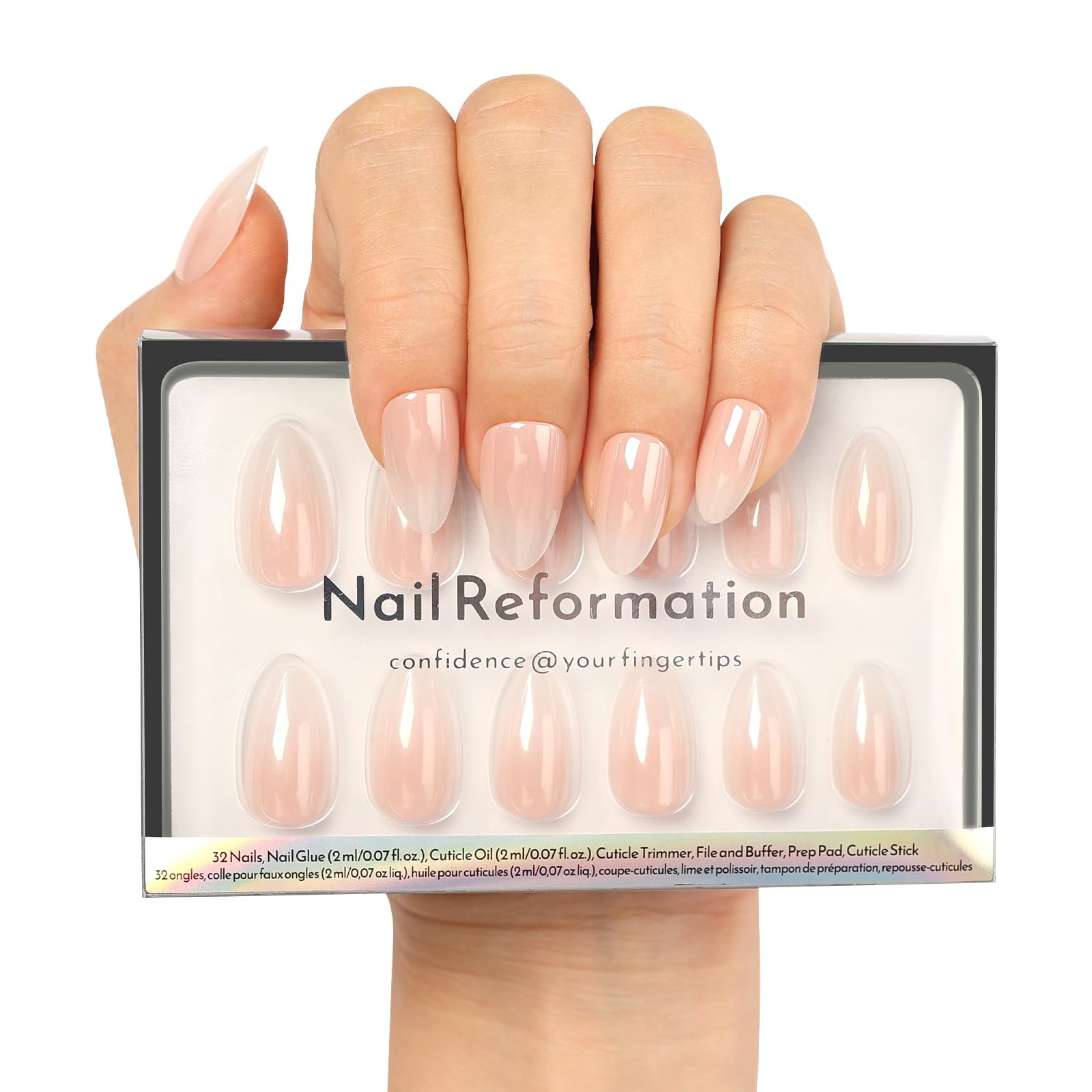 Nail Reformation Almond Nails – Pink Ombre Press On, UV Finish, 32 Tips, 16 Sizes