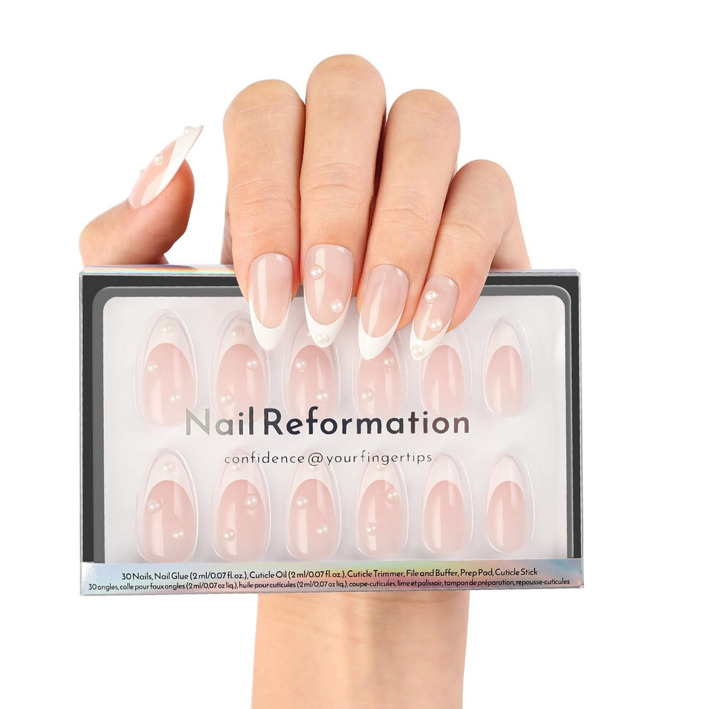 Nail Reformation Almond Press On Nails – French Pearl Medium, UV Finish, Reusable Kit