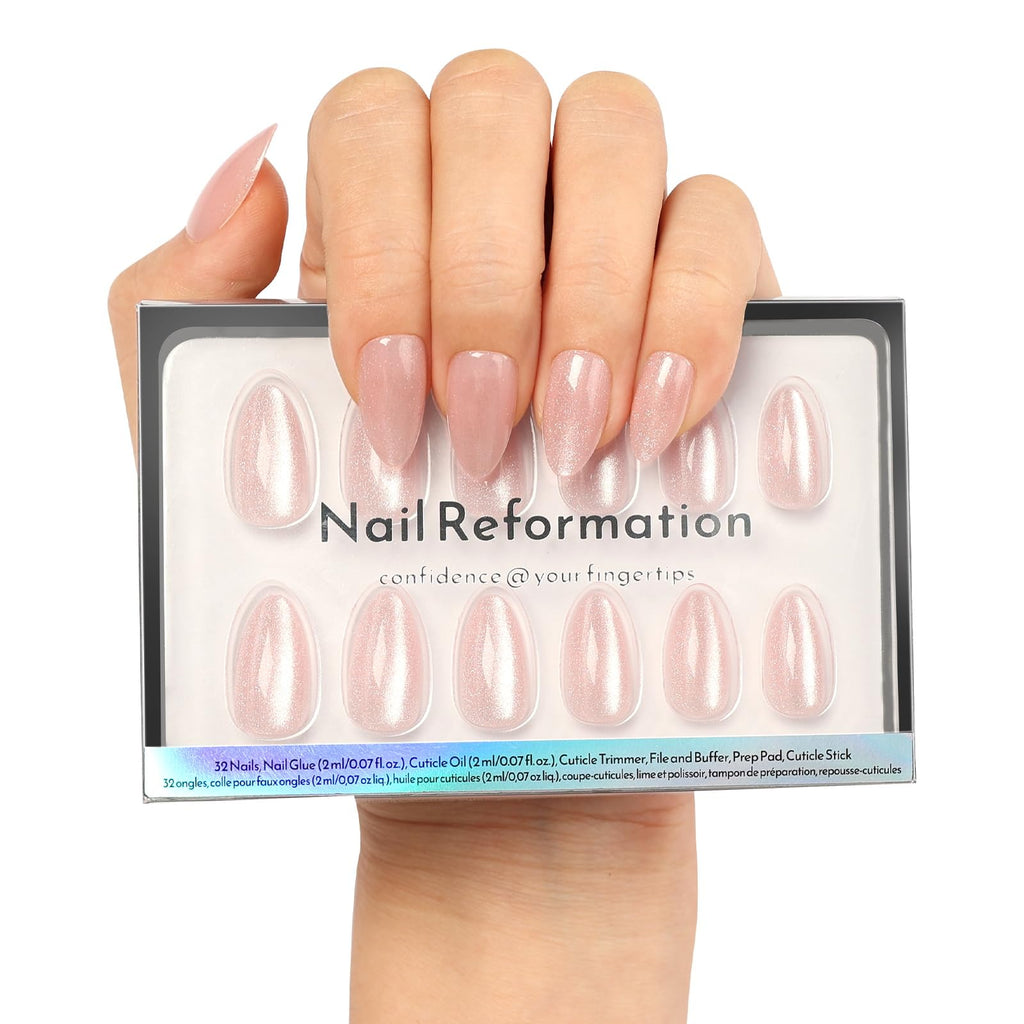 Nail Reformation Cat Eye Press On Nails – Short Almond, Glitter Nude Pink, UV Finish, 32 Tips in 16 Sizes