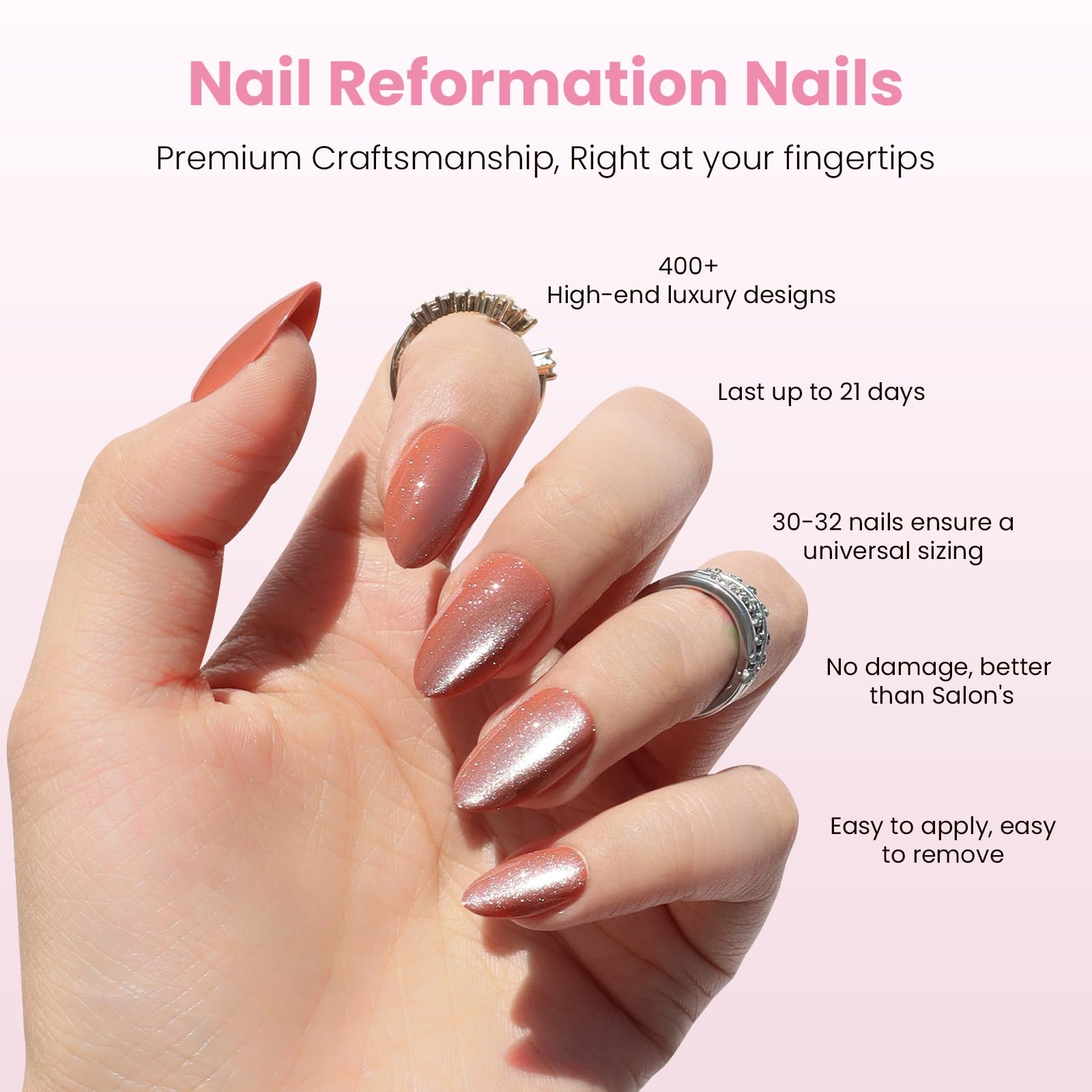 Nail Reformation Short Almond Cat Eye Press-On Nails – UV Finish, Reusable Kit, 32 Tips, 16 Sizes