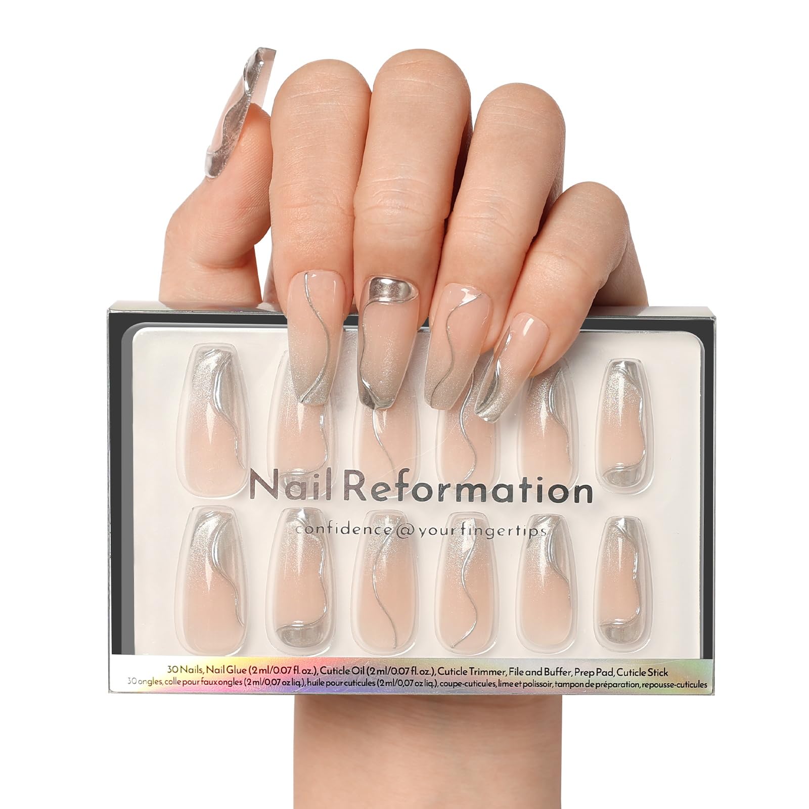Nail Reformation Press-On Nails Coffin – Glitter Silver Accents, Pink Long Tips, UV Finish, 30 Tips in 15 Sizes + Glue