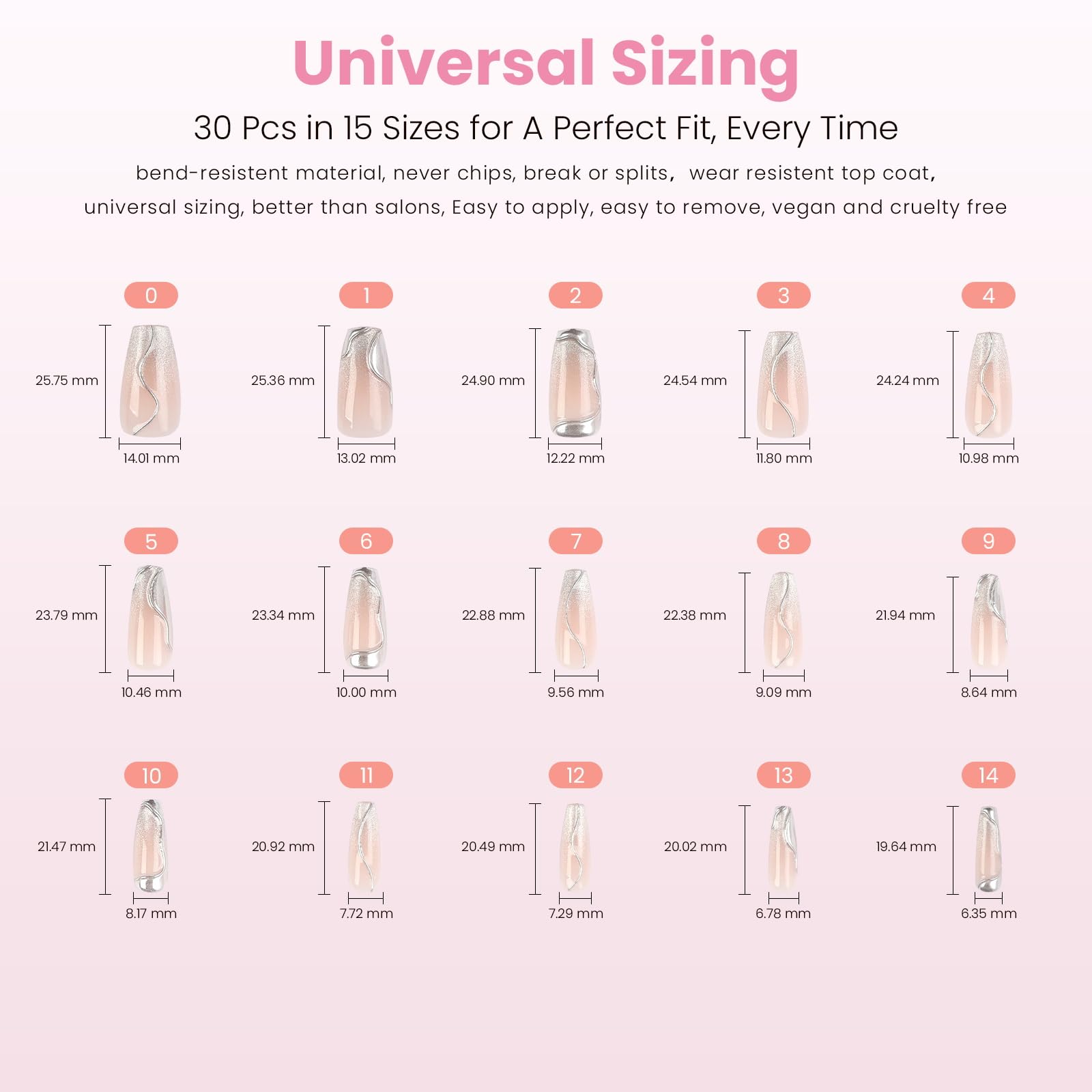 Nail Reformation Press-On Nails Coffin – Glitter Silver Accents, Pink Long Tips, UV Finish, 30 Tips in 15 Sizes + Glue