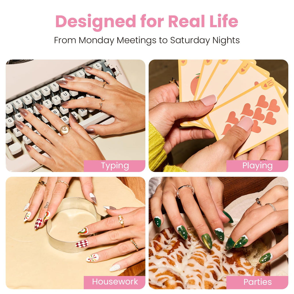 Nail Reformation Polka Dot Press On Nails – Almond, Short Pink with White Dots, UV Finish, 32 Tips (16 Sizes)