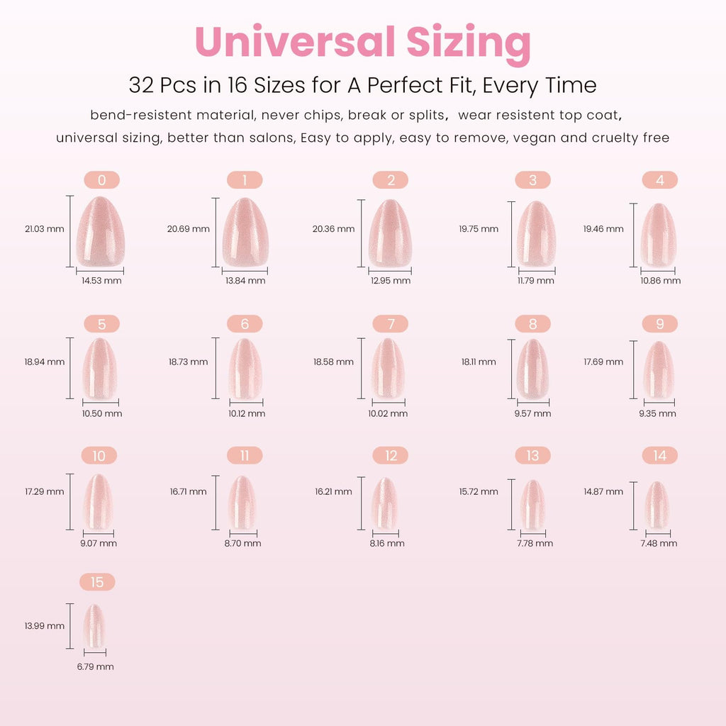 Nail Reformation Cat Eye Press On Nails – Short Almond, Glitter Nude Pink, UV Finish, 32 Tips in 16 Sizes